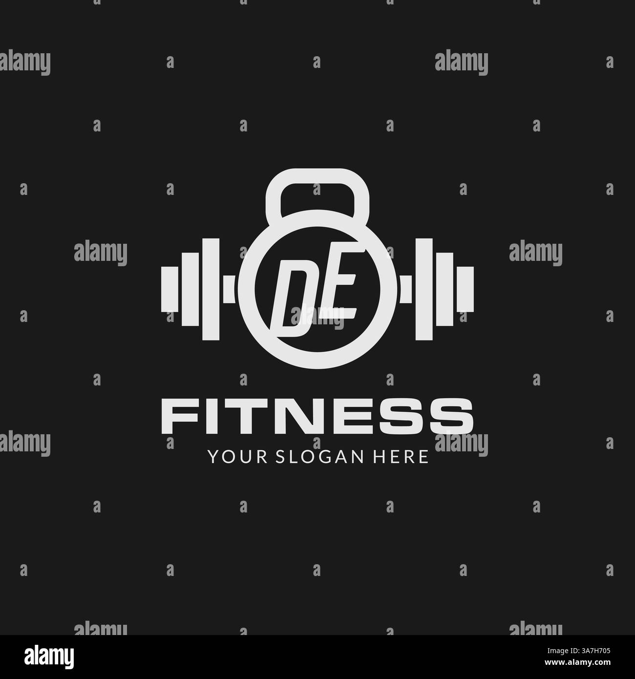 Logo DE fitness iniziale con grafica vettoriale in stile icona kettlebell Illustrazione Vettoriale