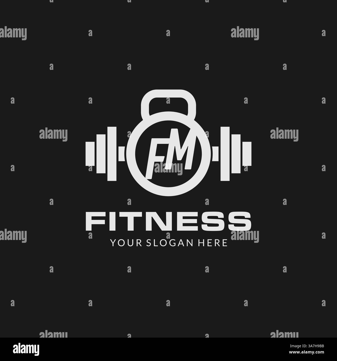Logo FM fitness iniziale con grafica vettoriale in stile icona kettlebell Illustrazione Vettoriale