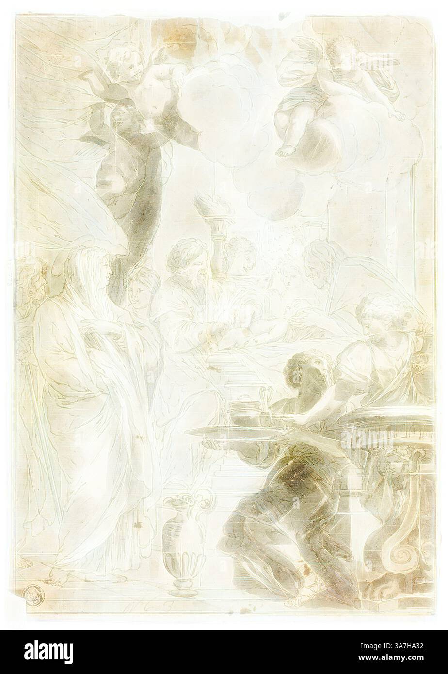 Una scena serena raffigurante figure eteree impegnate in un raduno celeste, circondate da nuvole e luce soffusa. In primo piano, una figura offre una ciotola, mentre gli esseri celesti fluttuano sopra, creando un senso di connessione divina e grazia., arte classica con un tocco moderno reinventata da Artotop, circoncisione, n.d., probabilmente dopo Ciro Ferri (italiano, 1634-1689), forse dopo Pietro da Cortona (italiano, 1596-1669), Italia, penna e inchiostro marrone, con pennello e lavaggio grigio, su tracce di grafite, su carta avorio, posata su carta avorio Foto Stock