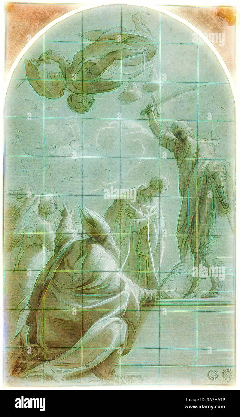 Una scena eterea raffigura una figura centrale che regge una serie di scale, simboleggiando la giustizia, mentre altre figure in vesti fluenti osservano con riverenza. Sopra di loro, una figura angelica si libra, aggiungendo un senso di divinità al momento. La composizione evoca temi della moralità, del giudizio e dell'ordine cosmico., arte classica con un tocco moderno reinventata da Artotop, Martirio di un santo interrotto dalla giustizia, n.d., allievo di Charles Joseph Natoire (francese, 1700-1777), o forse sconosciuto artista veneziano (italiano, XVIII secolo), Italia, penna e inchiostro marrone, con pennello e lavaggio marrone, accresciuto di piombo Foto Stock