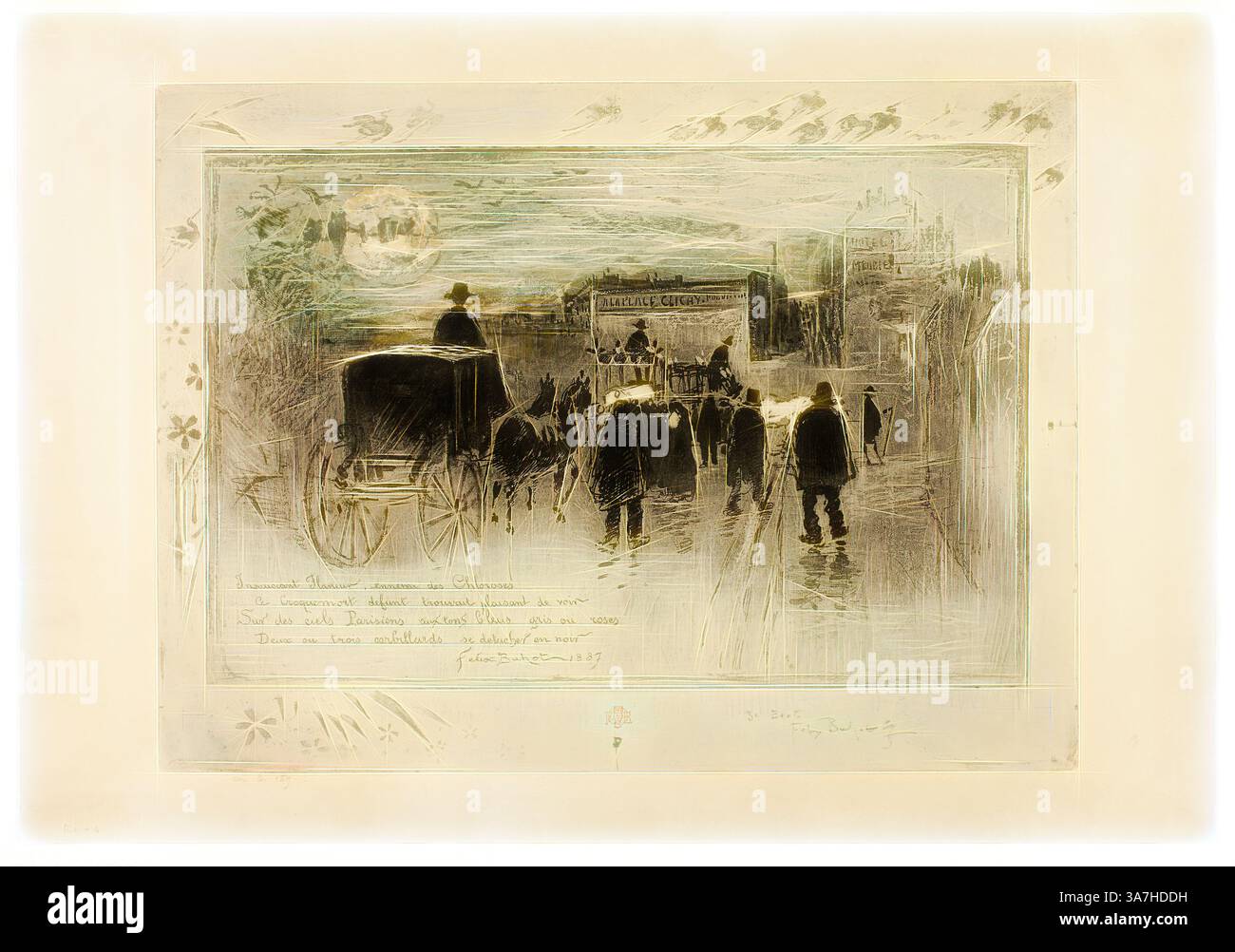 Una vivace scena cattura figure che si muovono lungo una strada acciottolata, con carrozze trainate da cavalli ed edifici che fiancheggiano lo sfondo. L'atmosfera trasmette un senso di energia e di vita in un ambiente urbano storico, arricchito da tratti delicati che suggeriscono movimento e profondità., arte classica con un tocco moderno reinventata da Artotop, Processione funebre sul Boulevard Clichy, 1887, Félix Hilaire Buhot, francese, 1847-1898, Francia, acconciatura e acquatinta con macchie a secco e tonalità piatto, à la poupée inchiostrata in blu e nero, con aggiunte a mano di vernice metallizzata oro, su carta a tessitura marrone Foto Stock