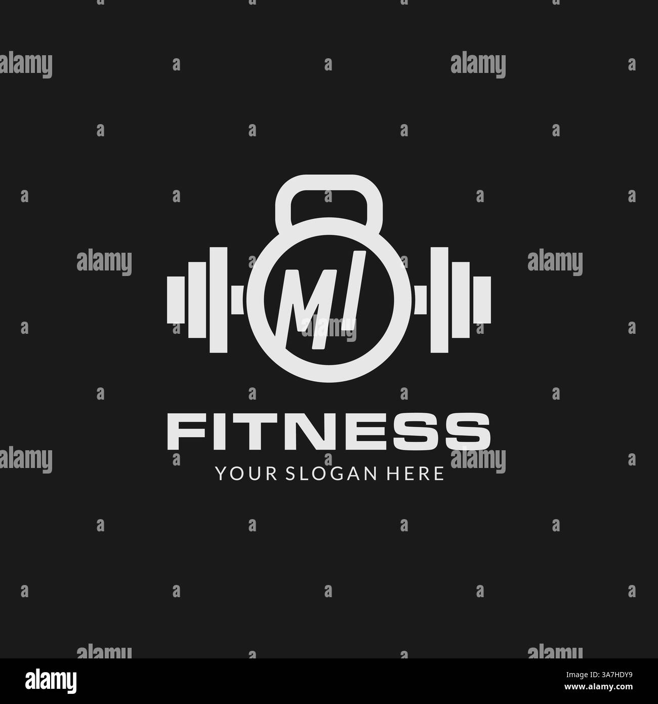 Logo iniziale mi fitness con grafica vettoriale in stile icona kettlebell Illustrazione Vettoriale