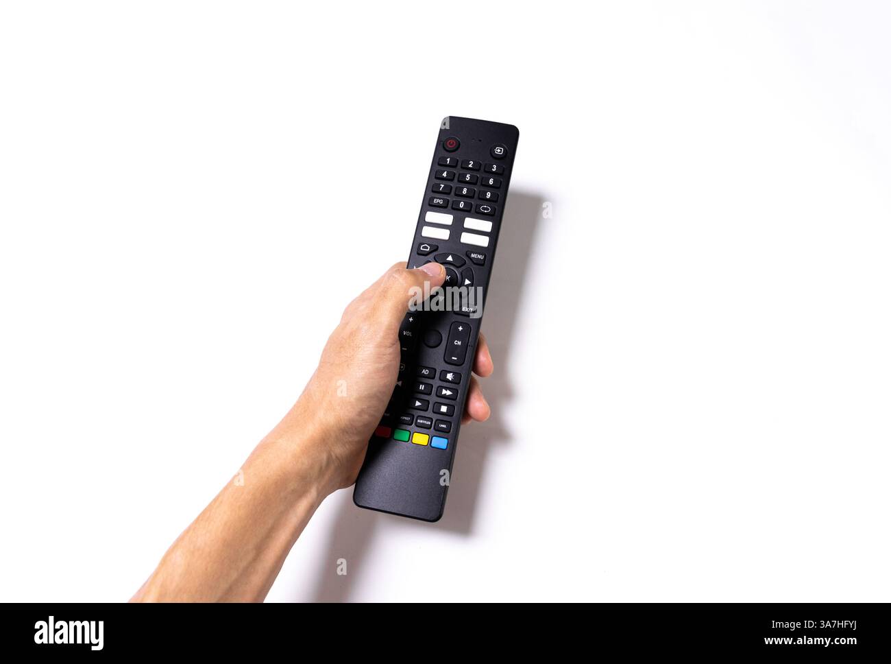 Telecomando del televisore isolato su sfondo bianco. Dopo le modifiche. Foto Stock