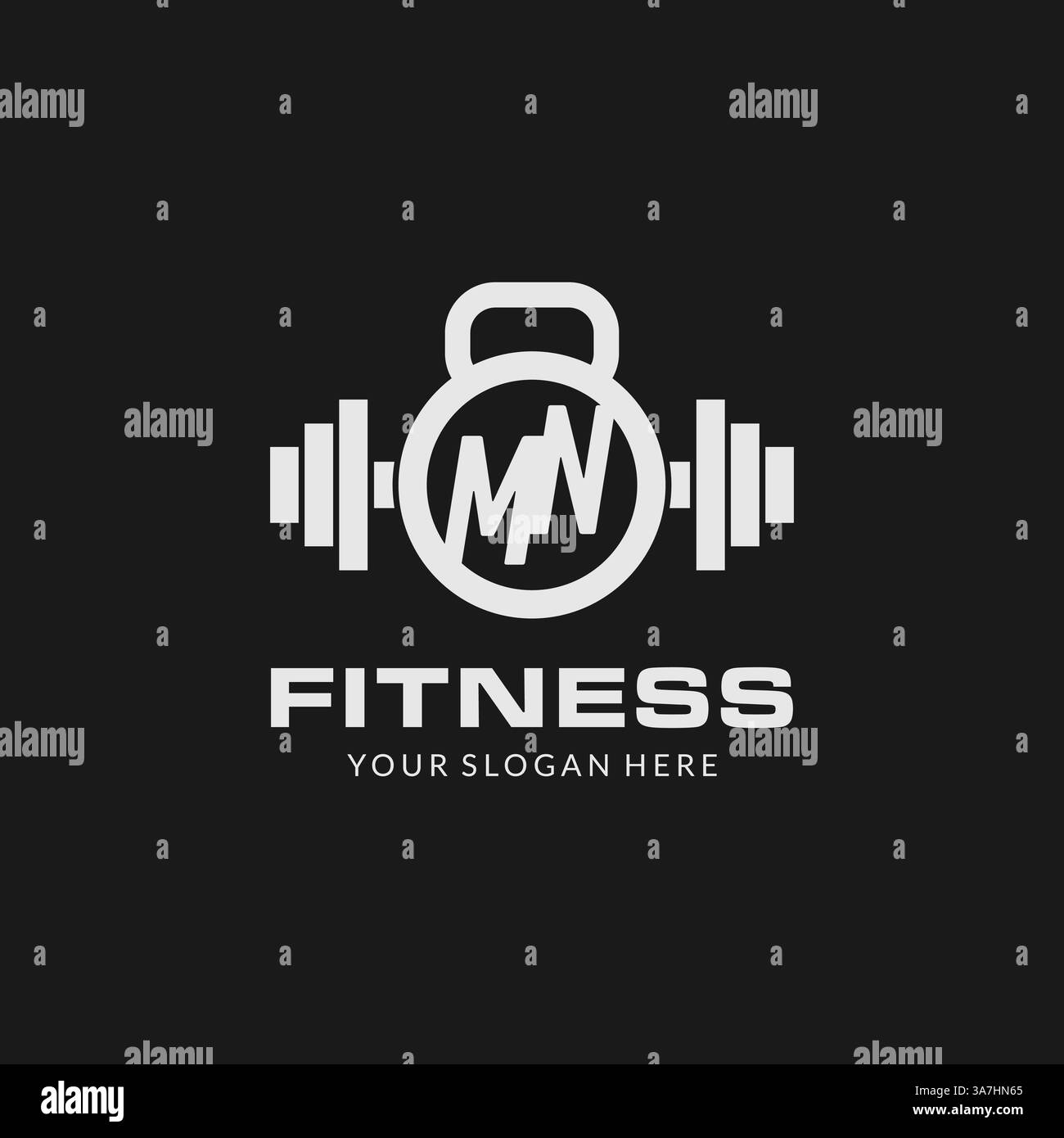 Logo fitness MN iniziale con grafica vettoriale in stile icona kettlebell Illustrazione Vettoriale