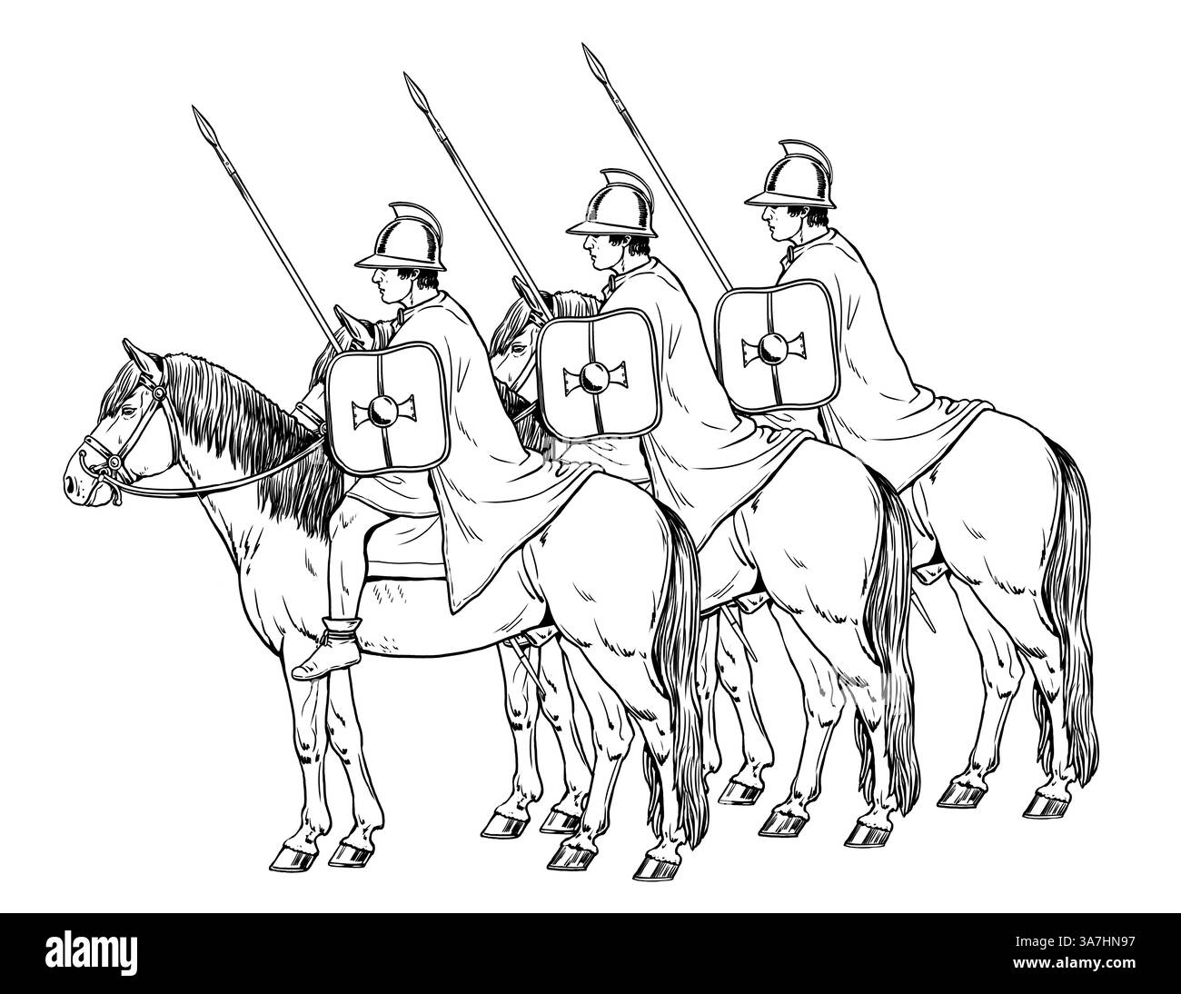 La cavalleria tolemaica. Antico cavaliere greco. Disegno storico. Foto Stock