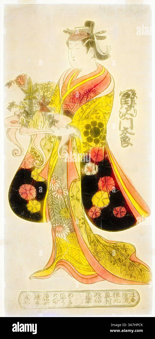 Una figura aggraziata in un kimono elaborato, adornato da vivaci motivi floreali, contiene un vassoio pieno di prelibatezze. Il personaggio trasuda eleganza e tradizione, incarnando il ricco patrimonio culturale dell'arte giapponese., arte classica con un tocco moderno reinventata da Artotop, l'attore Tomizawa Montaro i come Miyako no Mae nella commedia Izu Genji Horai Yakata, eseguita al Teatro Ichimura nell'undicesimo mese, 1736, 1736, Okumura Masanobu, giapponese, 1686-1764, Giappone, stampa a blocchi di legno colorata a mano, hosoban, urushi-e. Foto Stock