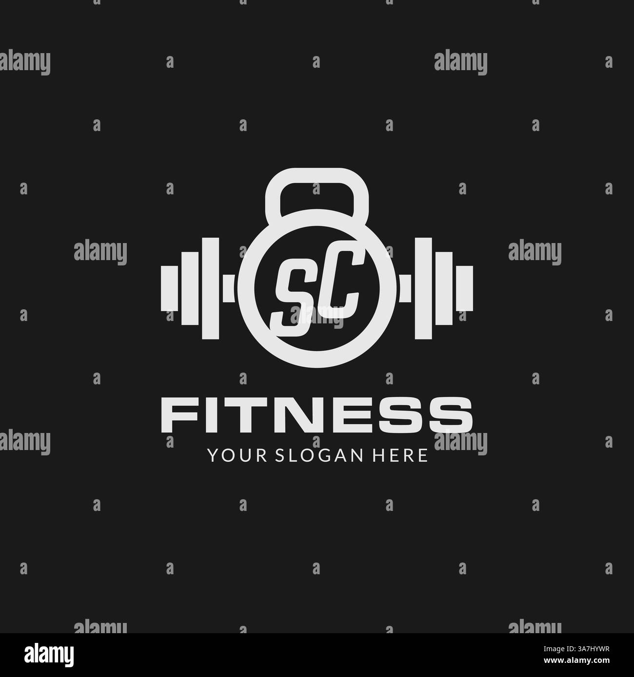 Logo SC fitness iniziale con grafica vettoriale in stile icona kettlebell creativa Illustrazione Vettoriale