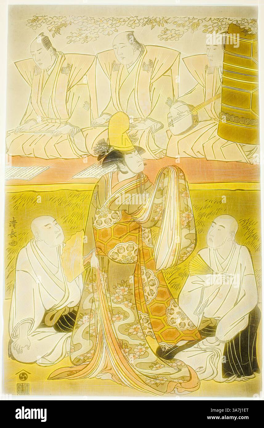 Una figura elegantemente vestita in un kimono ornato sorge elegantemente, circondata da uomini contemplativi seduti a terra. La scena evoca un senso di cultura tradizionale giapponese, caratterizzato da fantasie intricate e un'atmosfera serena, con sottili accenni di strumenti musicali e un insieme di figure sullo sfondo., arte classica con un tocco moderno reinventata da Artotop, l'attore Nakamura Nakazo i come Shirabyoshi Katsuragi, Matsumoto Koshiro IV come il monaco Meigetsubo, e Otani Hiroji III come il monaco Izayoibo, eseguito nel teatro Iokura Dookura Foto Stock