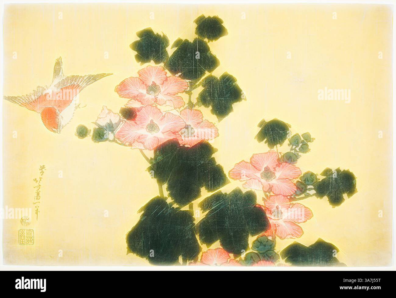 Una delicata disposizione di fiori vivaci nelle tonalità del rosa è splendidamente contrastata con foglie verdi lussureggianti, mentre un grazioso uccello si libra nelle vicinanze, aggiungendo un senso di movimento e di vita alla composizione serena., arte classica con un tocco moderno reinventata da Artotop, Cotton Roses e Sparrow, da una serie senza titolo di grandi fiori, c. 1833/34, Katsushika Hokusai 葛飾 北斎, giapponese, 1760-1849, Giappone, Stampa a blocchi di legno a colori, oban Foto Stock