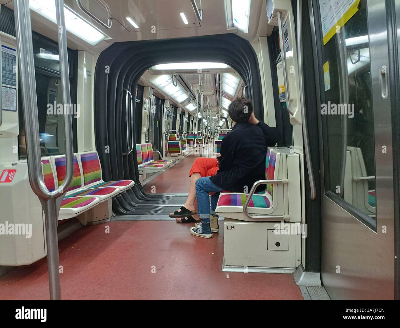 Francia Parigi : deux jeunes assis de dos dans une ligne de métro automatique Foto Stock
