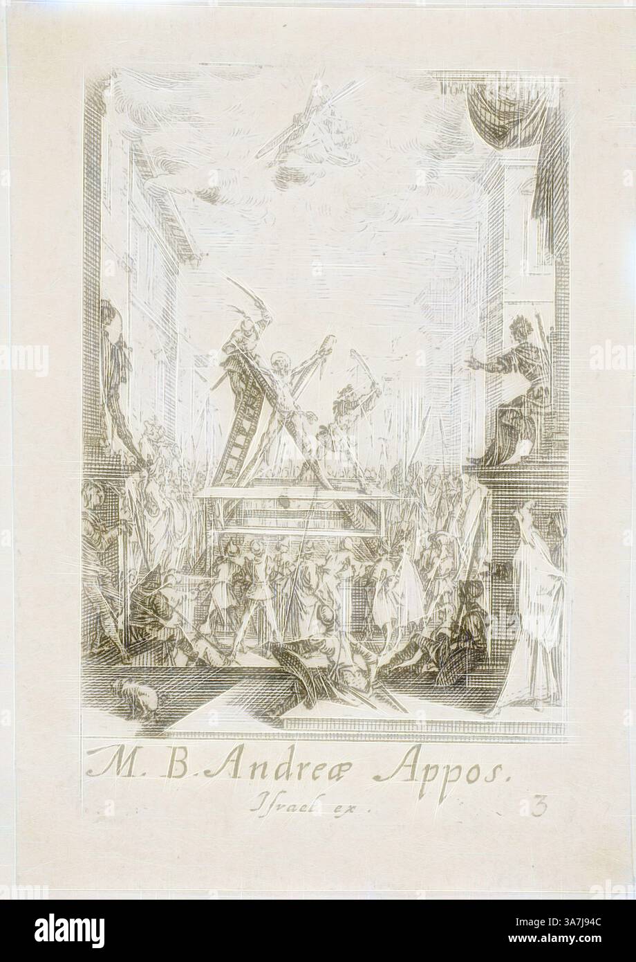 Una scena drammatica raffigurante un gruppo di figure impegnate in varie azioni, alcune in primo piano che partecipano a un evento caotico attorno a una struttura centrale. Le figure celesti si stagliano sopra, aumentando il senso di agitazione e urgenza sottostante. L'opera racconta temi di conflitto e di intervento divino., arte classica con un tocco moderno reinventata da Artotop, Martirio di Sant'Andrea, piatto tre dei Martiri degli Apostoli, n.d., Jacques Callot, francese, 1592-1635, Francia, incisione su carta Foto Stock