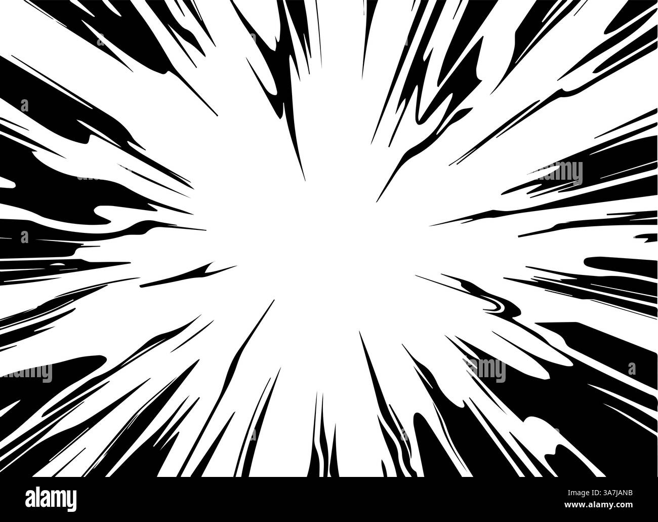 Linee di velocità all'interno di una cornice per i fumetti manga. Sfondo a movimento radiale con flash e fulmini. Esplosione monocromatica e flash luminosi. Ve Illustrazione Vettoriale