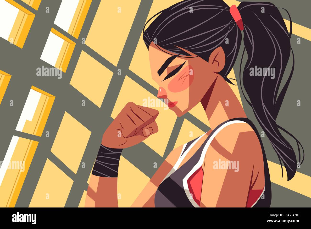 Vivida illustrazione vettoriale di un pugile femminile in una posizione di combattimento, che irradia fiducia e potenza. Ideale per sport, fitness e contenuti motivazionali. Illustrazione Vettoriale