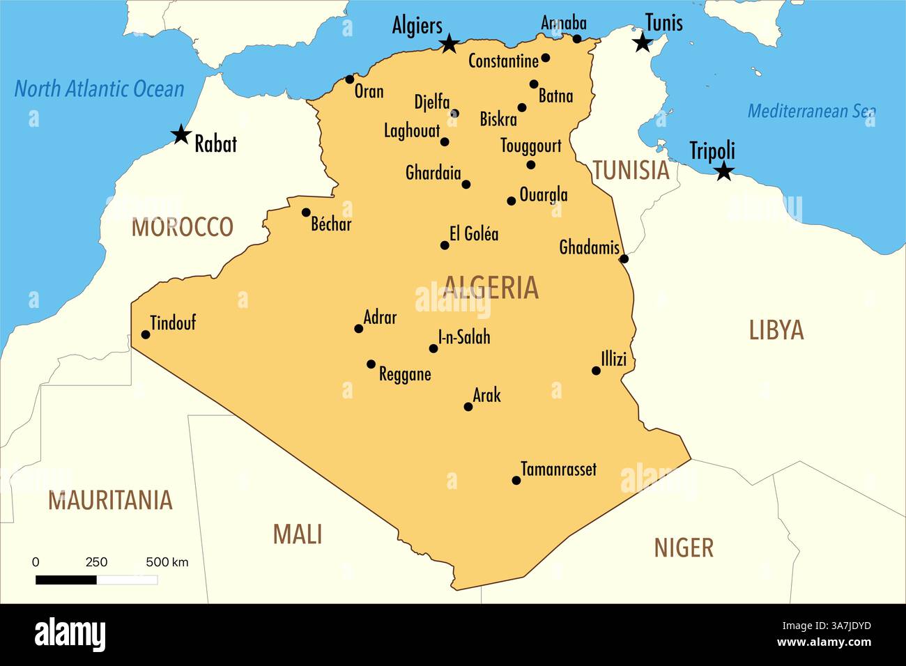 Mappa dell'Algeria con le principali città e i paesi vicini Foto Stock