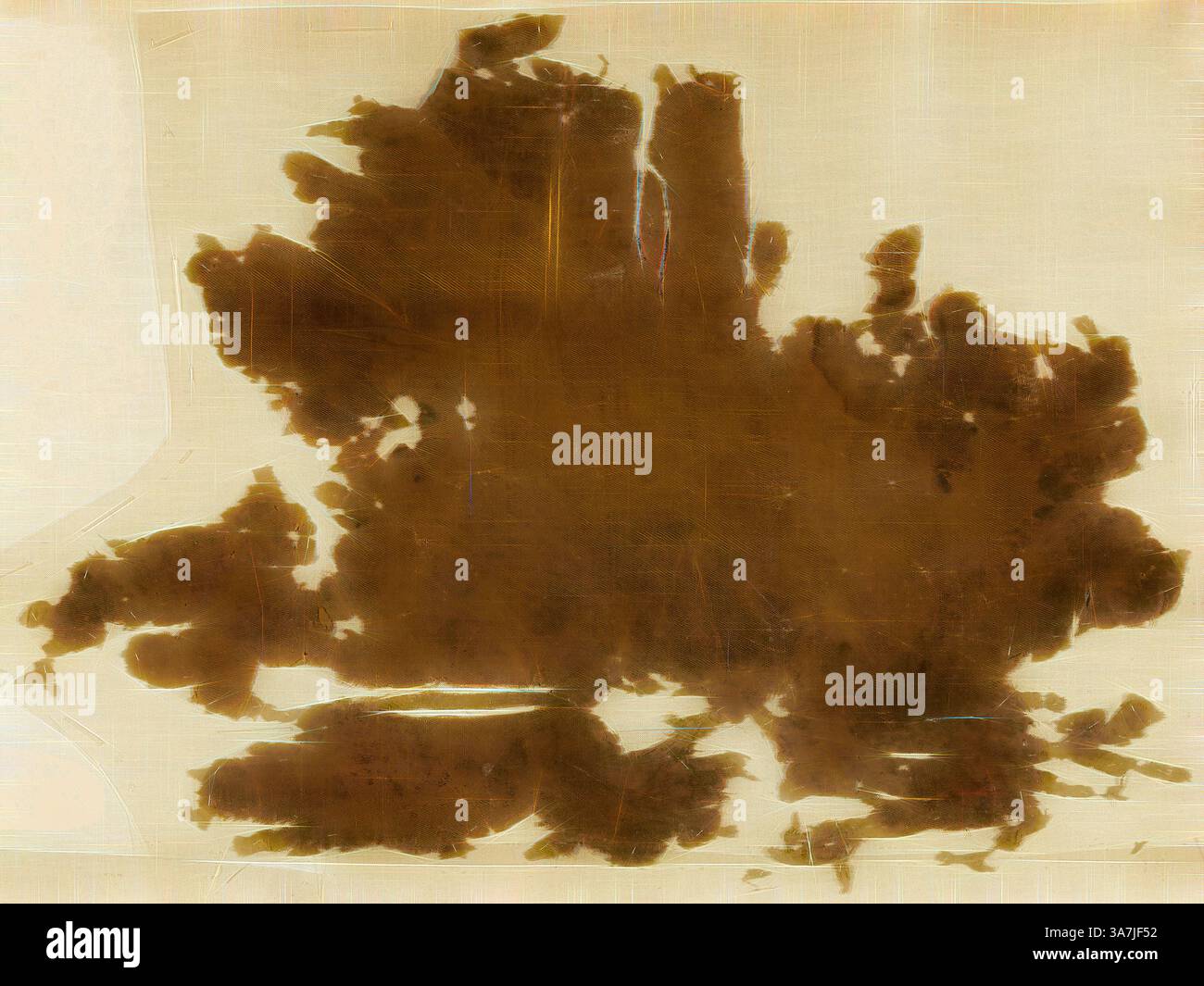 Una rappresentazione astratta caratterizzata da toni ricchi e terrosi e pennellate testurizzate, che evocano un senso di forma e movimento organico., arte classica con un tocco moderno reinventata da Artotop, Fragment, XII secolo, Iran (Persia), Iran, frammento irregolare di semplice twill, seta, marrone dorato. Trovato nelle tombe vicino a Bibi-GU-nou. Circa 1,5 km a est di Rhages Foto Stock