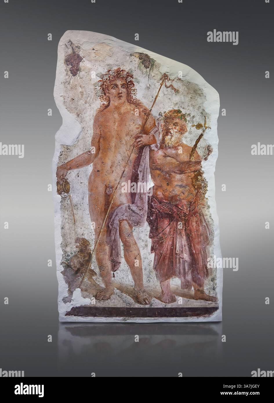 Affresco romano del dio del vino Bacco e del suo compagno Sileno, 30 a.C., Villa Boscoreale vicino a Pompei. British Museum di Londra. inv. 1899.2-1 Foto Stock