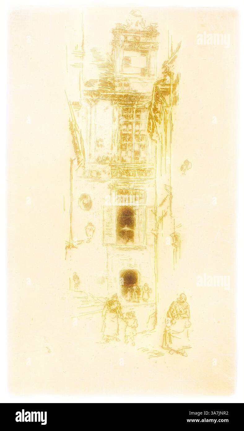 Una pittoresca scena di strada caratterizzata da un'architettura storica con dettagli intricati, dove gruppi di persone si riuniscono, possibilmente impegnati in conversazioni o attività. L'atmosfera trasuda un senso di nostalgia e fascino, catturando un momento nel tempo., arte classica con un tocco moderno reinventata da Artotop, Mairie, Loches, 1888, James McNeill Whistler, American, 1834-1903, Stati Uniti, Etching e drypoint con morso in inchiostro marrone scuro su carta panna posata Foto Stock