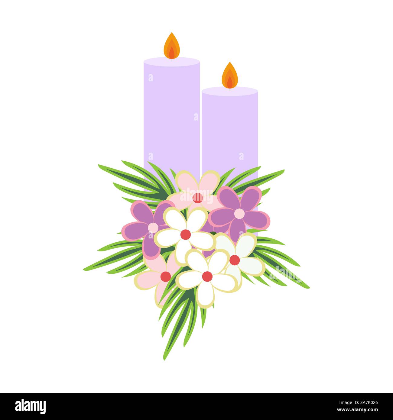 Candele viola con disposizione floreale e foglie verdi — simbolo di ricordo e serenità Illustrazione Vettoriale