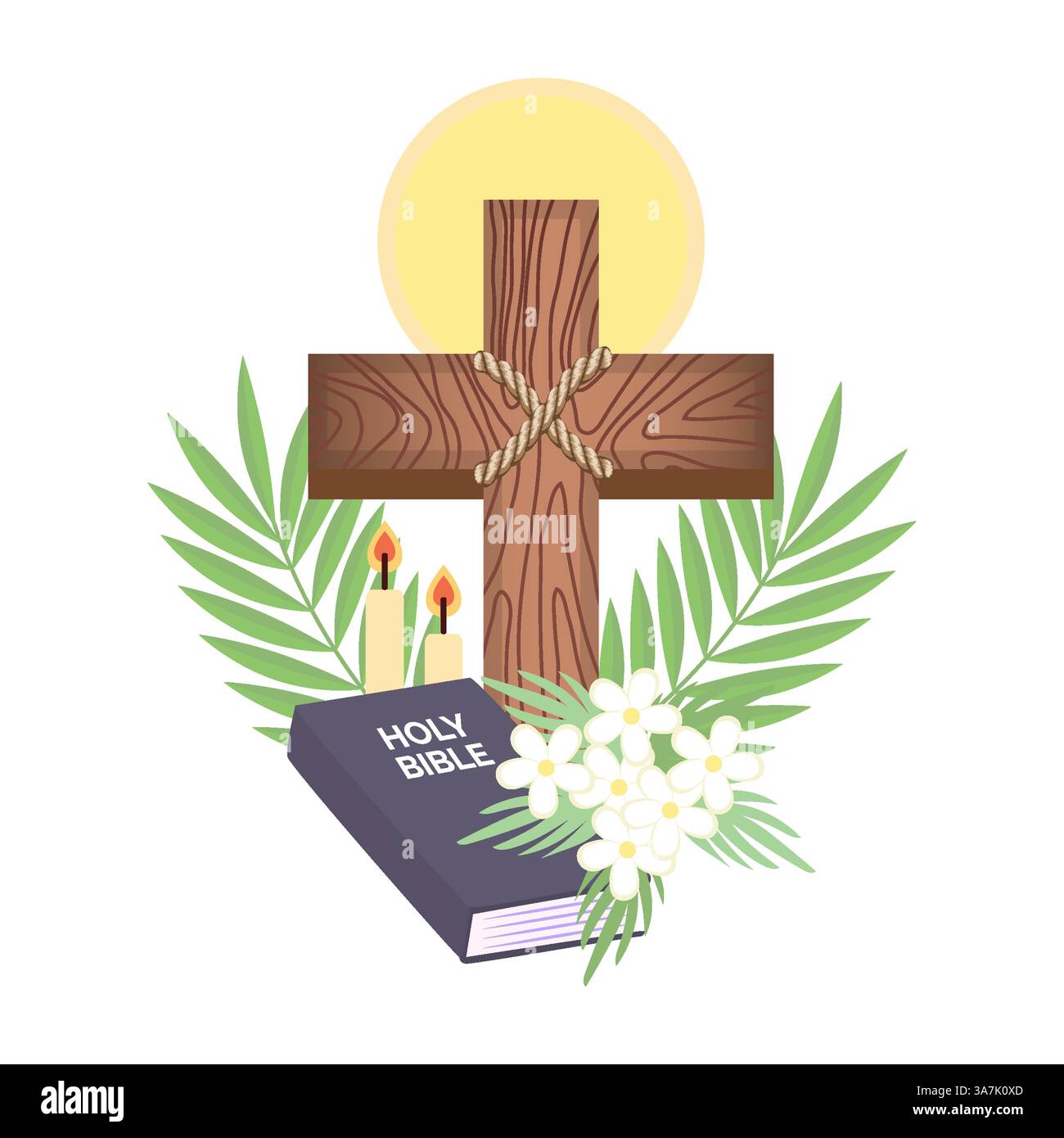 Croce di legno con Bibbia, candele, fiori e foglie di palma simbolo di fede e risurrezione Illustrazione Vettoriale