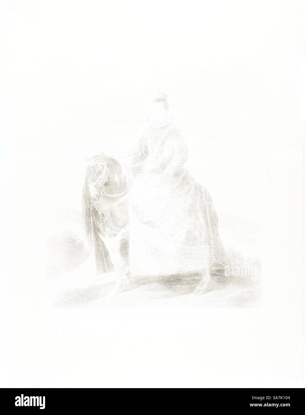 Una figura regale si siede elegantemente su un cavallo, adornato da un abito fluente con motivi intricati. La scena trasmette un senso di grazia e raffinatezza, catturando un momento di pace su uno sfondo sereno. Arte classica con un tocco moderno reinventata da Artotop, Margherita d'Austria, 1778, Francisco José de Goya y Lucientes (spagnolo, 1746-1828), dopo Diego Velázquez (spagnolo, 1599-1660), Spagna, incisione e punto di ariete con incisione su carta in avorio Foto Stock