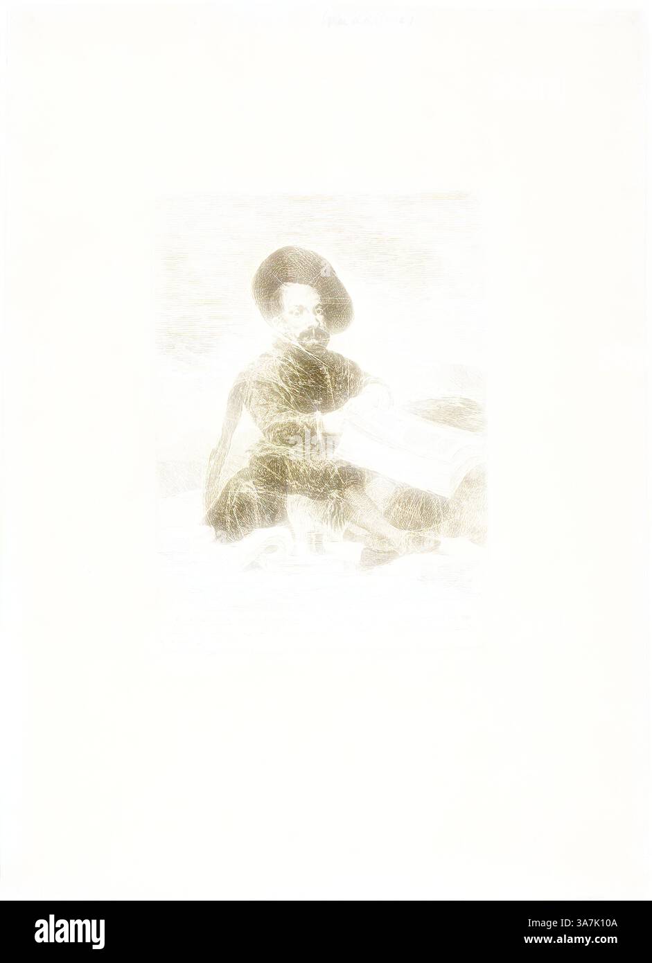 Una figura seduta vestita in abiti tradizionali ha un grande foglio di carta, incentrato sul loro lavoro, circondato da uno sfondo tranquillo e minimalista., arte classica con un tocco moderno reinventata da Artotop, Un nano, 1778, Francisco José de Goya y Lucientes (spagnolo, 1746-1828), dopo Diego Velázquez (spagnolo, 1599-1660), Spagna, incisione con incisione su carta posata Foto Stock