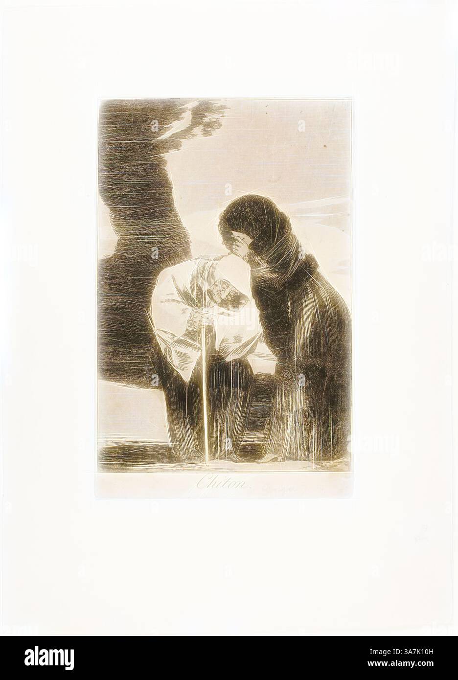 Una figura vestita con un capo che scorre piega delicatamente la testa verso un delicato fiore, circondato da forme morbide e astratte che suggeriscono un paesaggio sereno. La scena evoca un senso di contemplazione tranquilla e connessione con la natura., arte classica con un tocco moderno reinventata da Artotop, Hush, piatto 28 di Los Caprichos, 1797/99, Francisco José de Goya y Lucientes, spagnolo, 1746-1828, Spagna, incisione, acquatina e burin su carta posato d'avorio Foto Stock
