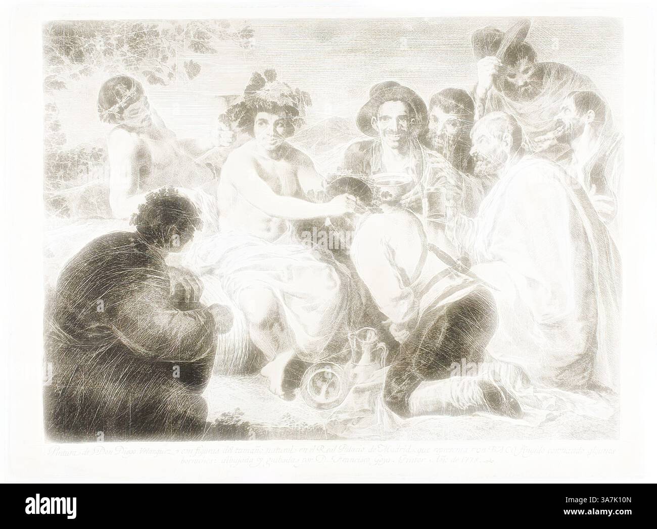 Un gruppo di persone circonda una figura centrale, impegnata in una vivace discussione. La scena raffigura un'aria di cameratismo e intrigo, con varie espressioni che trasmettono un vivo interesse ed entusiasmo per la narrazione in corso., arte classica con un tocco moderno reinventata da Artotop, The Drunkards, 1778, Francisco José de Goya y Lucientes (spagnolo, 1746-1828), dopo Diego Velázquez (spagnolo, 1599-1660), Spagna, incisione con incisa su carta posata in avorio Foto Stock
