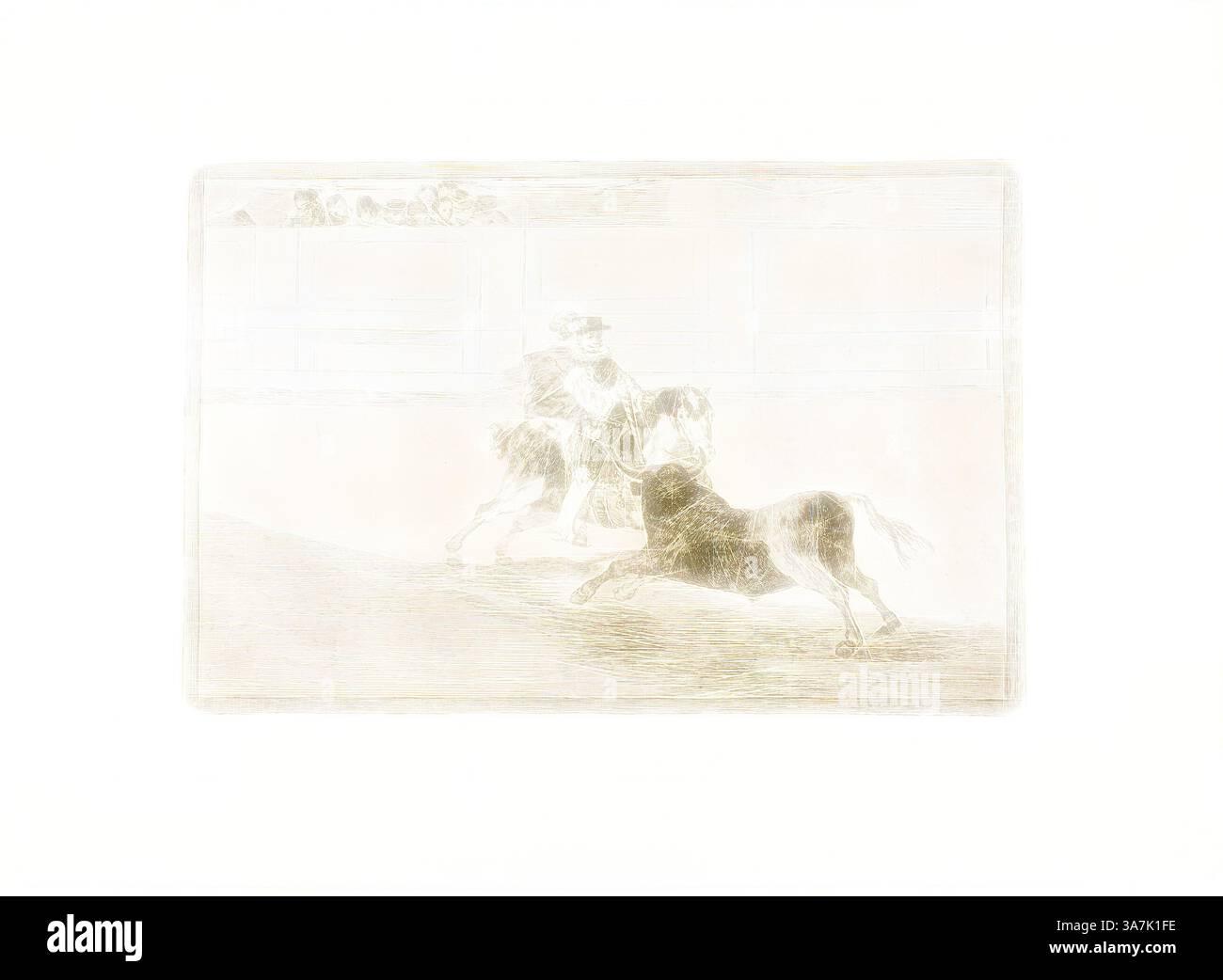 Un cavaliere dirige abilmente un cavallo durante un evento equestre dinamico, catturando l'energia e la grazia del momento mentre il cavallo galoppa con determinazione., arte classica con un tocco moderno reinventata da Artotop, Un cavaliere spagnolo montato sul ring che rompe corti lance senza l'aiuto di assistenti, piatto 13 da l'arte della corrida, 1814/16, pubblicato nel 1816, Francisco José de Goya y Lucientes, spagnolo, 1746-1828, Spagna, Etching, acquatinta brunita, punto di siccità e burin su carta posare avorio Foto Stock