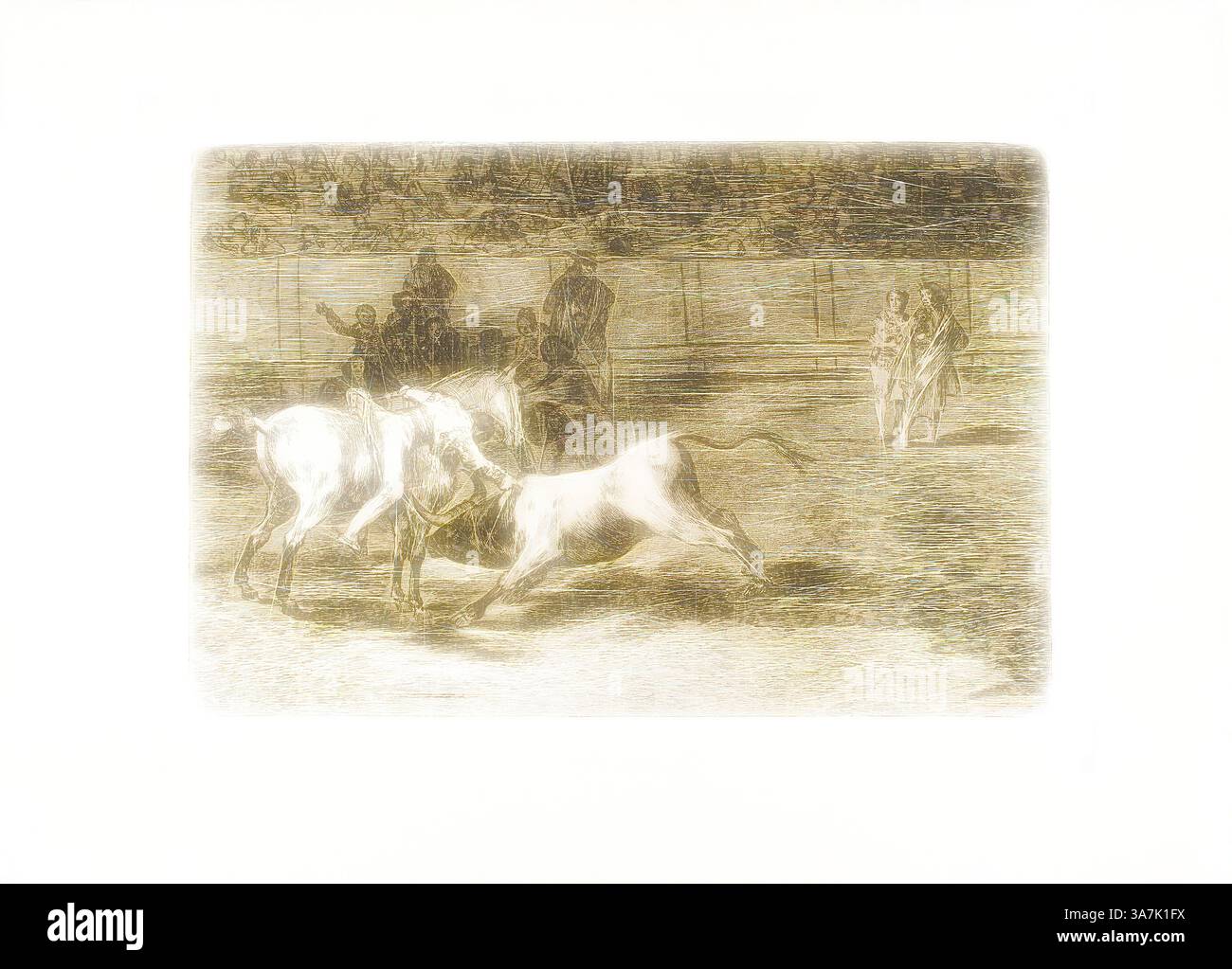 Una scena dinamica cattura due cavalli in un drammatico momento di movimento, mentre i piloti guidano l'azione con intensità. L'atmosfera trasmette un senso di eccitazione e competizione., arte classica con un tocco moderno reinventata da Artotop, Mariano Ceballos, alias l'indiano, uccide il toro dal suo cavallo, piatto 23 da l'arte della corrida, 1814/16, pubblicato nel 1816, Francisco José de Goya y Lucientes, spagnolo, 1746-1828, Spagna, acquatinta brunita e acquatinta su carta posata in avorio Foto Stock