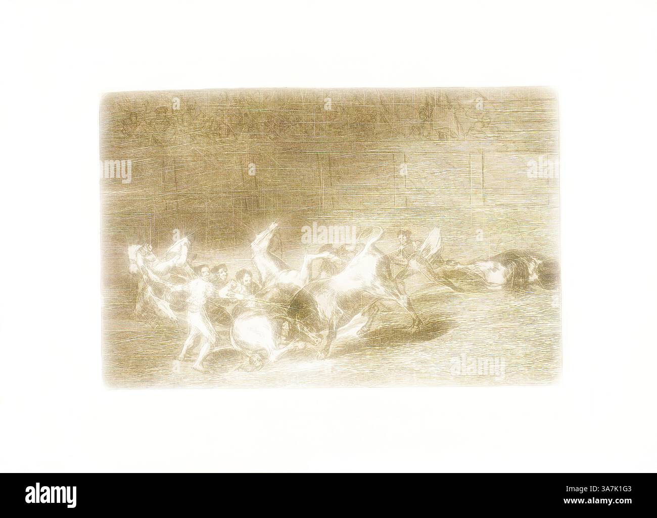 Una scena dinamica cattura l'intenso movimento di una caotica corsa di cavalli, con cavalieri e cavalli che si fondono in una raffica di azione, sottolineando l'emozione e l'emozione della competizione., arte classica con un tocco moderno reinventata da Artotop, due squadre di picadori lanciati uno dopo l'altro da un unico toro, piatto 32 da The Art of Bullfighting, 1814/16, pubblicato nel 1816, Francisco José de Goya y Lucientes, spagnolo, 1746-1828, Spagna, Etching, Spagna, acquatinta brunita, punto di siccità e burin su carta posare avorio Foto Stock