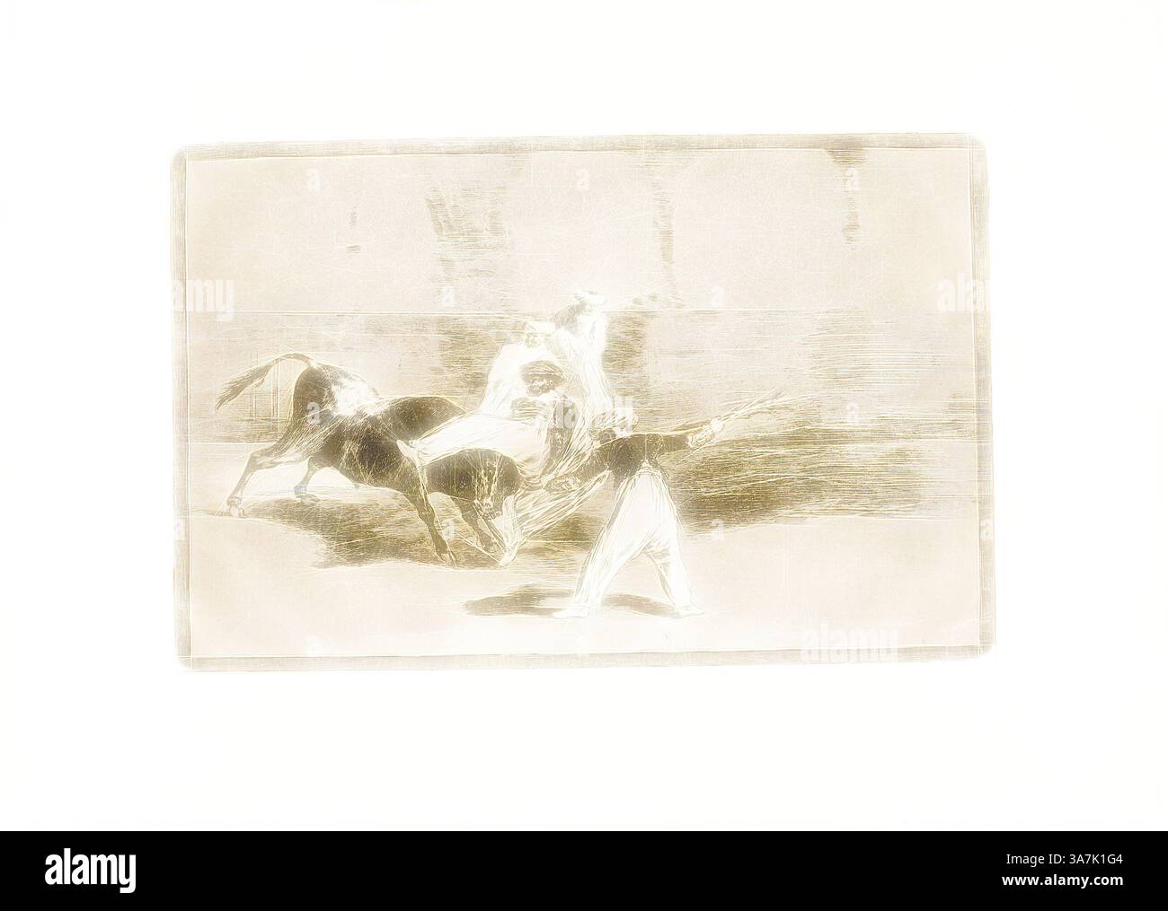 Una scena dinamica cattura due cavalli in movimento, con una figura che li guida sapientemente in una dimostrazione di agilità ed eleganza. La composizione evoca un senso di energia e il legame tra cavallo e gestore., arte classica con un tocco moderno reinventata da Artotop, Un Moro catturato dal Toro nell'anello, piatto 8 da l'arte della corrida, 1814/16, pubblicato nel 1816, Francisco José de Goya y Lucientes, spagnolo, 1746-1828, Spagna, incisione, acquatinta brunita e punto di essiccazione su carta posata in avorio Foto Stock