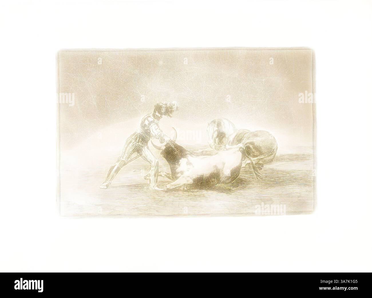 Un matador si impegna in una scena drammatica di corrida, mostrando abilità e coraggio mentre affronta il toro in un'atmosfera tesa. Due cavalli si trovano nelle vicinanze, che aumentano l'intensità del momento., arte classica con un tocco moderno reinventata da Artotop, Un cavaliere spagnolo uccide il toro dopo aver perso il suo cavallo, piatto nove da l'arte della corrida, 1814/16, pubblicato nel 1816, Francisco José de Goya y Lucientes, spagnolo, 1746-1828, Spagna, incisione, acquatinta brunita e burin su carta posare avorio Foto Stock