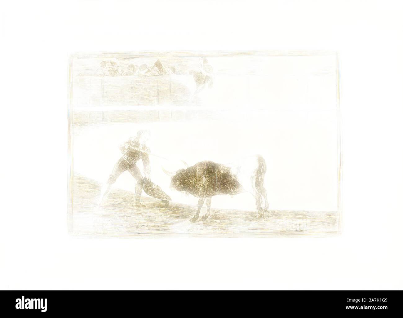 Una scena drammatica raffigura una figura che affronta un toro, evidenziando un momento di tensione. Le figure circostanti suggeriscono una folla che guarda l'evento svolgersi, sottolineando l'intensità dell'incontro., arte classica con un tocco moderno reinventata da Artotop, Pedro Romero uccidendo il toro bloccato, piatto 30 da l'arte della corrida, 1814/16, pubblicato nel 1816, Francisco José de Goya y Lucientes, spagnolo, 1746-1828, Spagna, incisione, acquatina, punto di arido e burin su carta posato di avorio Foto Stock