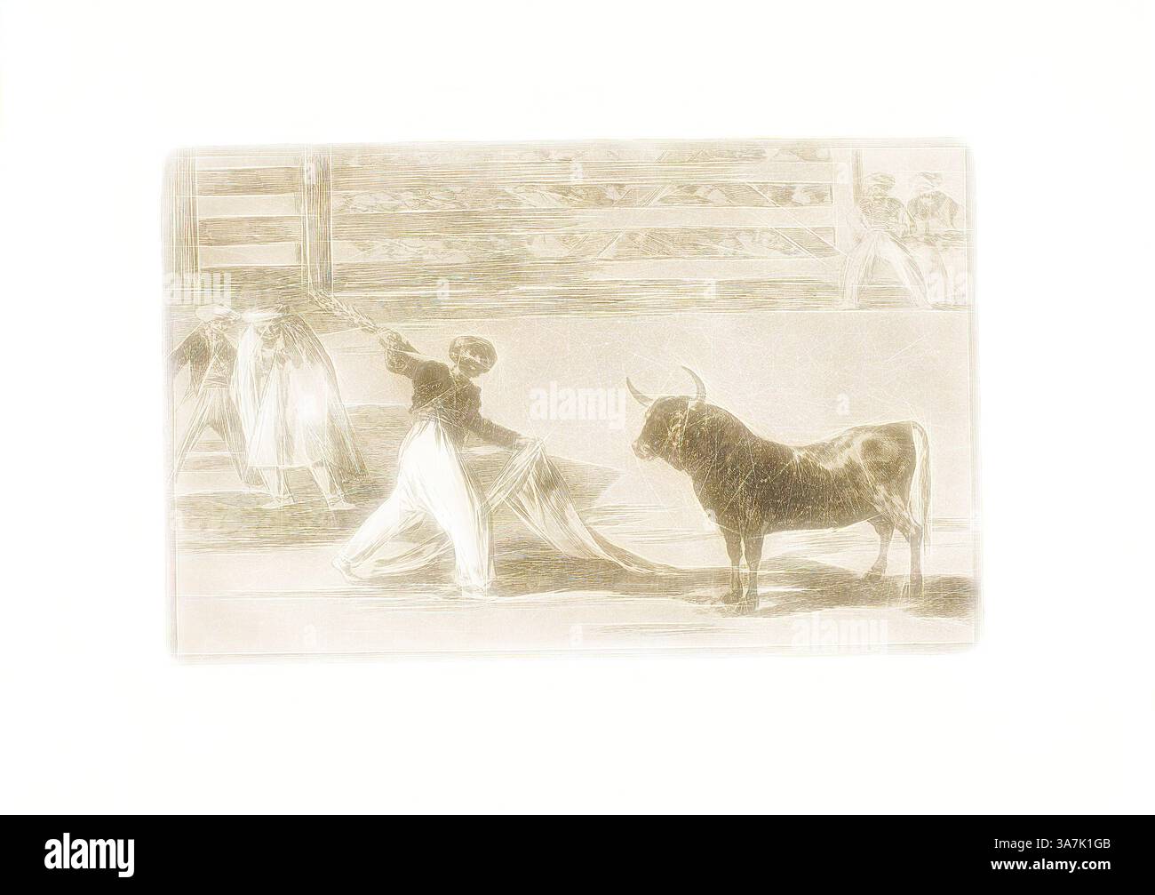Un matador vestito con abiti tradizionali si erge sul ring, di fronte a un toro con una posizione sicura, mentre altre figure guardano da lontano. La scena cattura l'intensità e il dramma di un evento di corrida., arte classica con un tocco moderno reinventata da Artotop, origine degli arpioni o banderillas, piatto sette da l'arte della corrida, 1814/16, pubblicato nel 1816, Francisco José de Goya y Lucientes, spagnolo, 1746-1828, Spagna, incisione, acquatinta brunita e burin su carta posare avorio Foto Stock