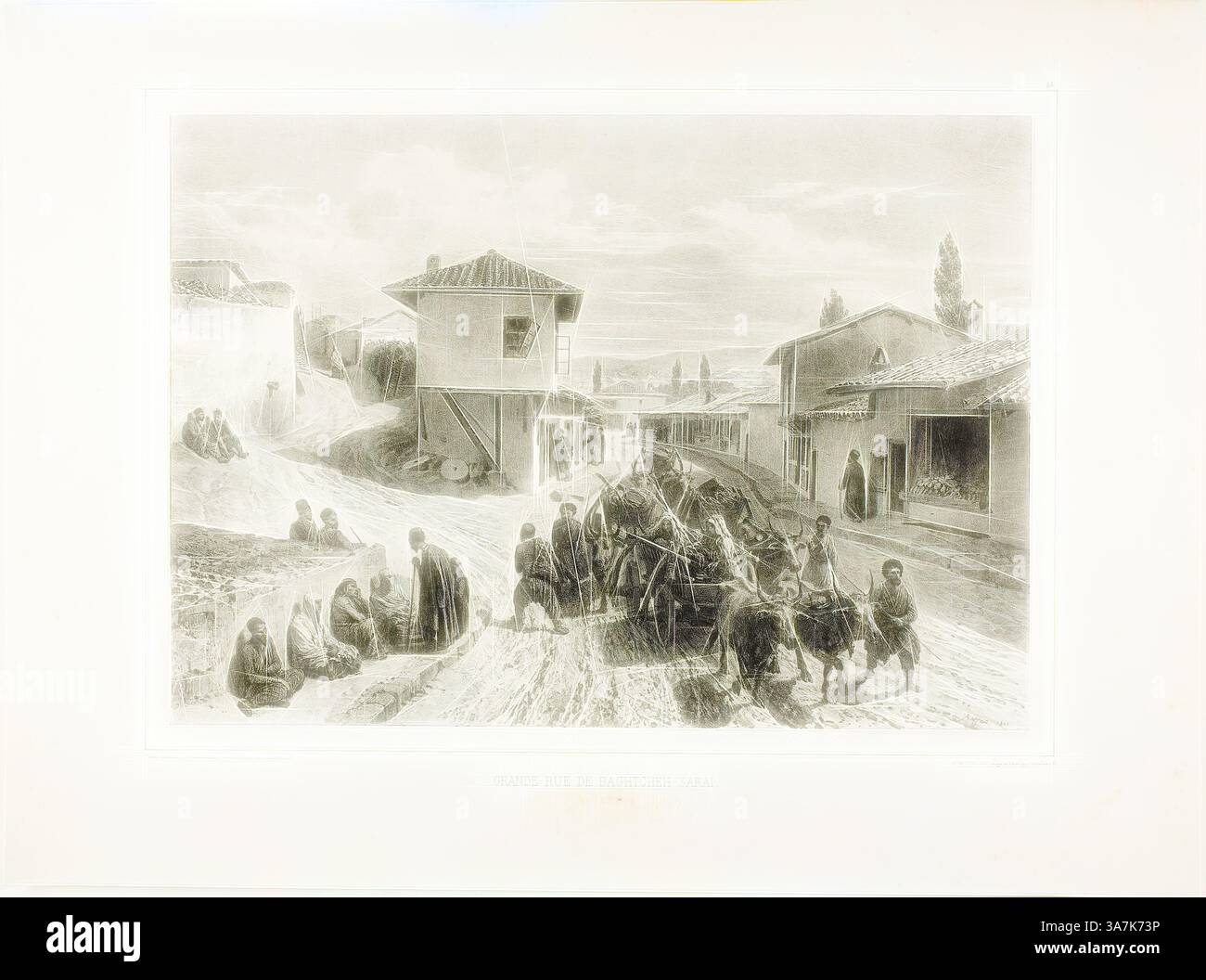 Una vivace scena cattura le persone impegnate in attività quotidiane all'interno di un villaggio, mostrando l'architettura tradizionale e l'armoniosa interazione della vita comunitaria sullo sfondo di colline ondulate. Gli individui sono raffigurati al lavoro e al tempo libero, riflettendo la semplicità e la ricchezza dell'esistenza rurale., arte classica con un tocco moderno reinventata da Artotop, la strada principale di Baghtcheh-Sarai, Crimea, 19 agosto 1837, 1841, Denis Auguste Marie Raffet (francese, 1804-1860), stampato da Auguste Bry (francese, XIX secolo), pubblicato da Chez Gihaut Frères (francese, XIX secolo), Francia, Lithog Foto Stock