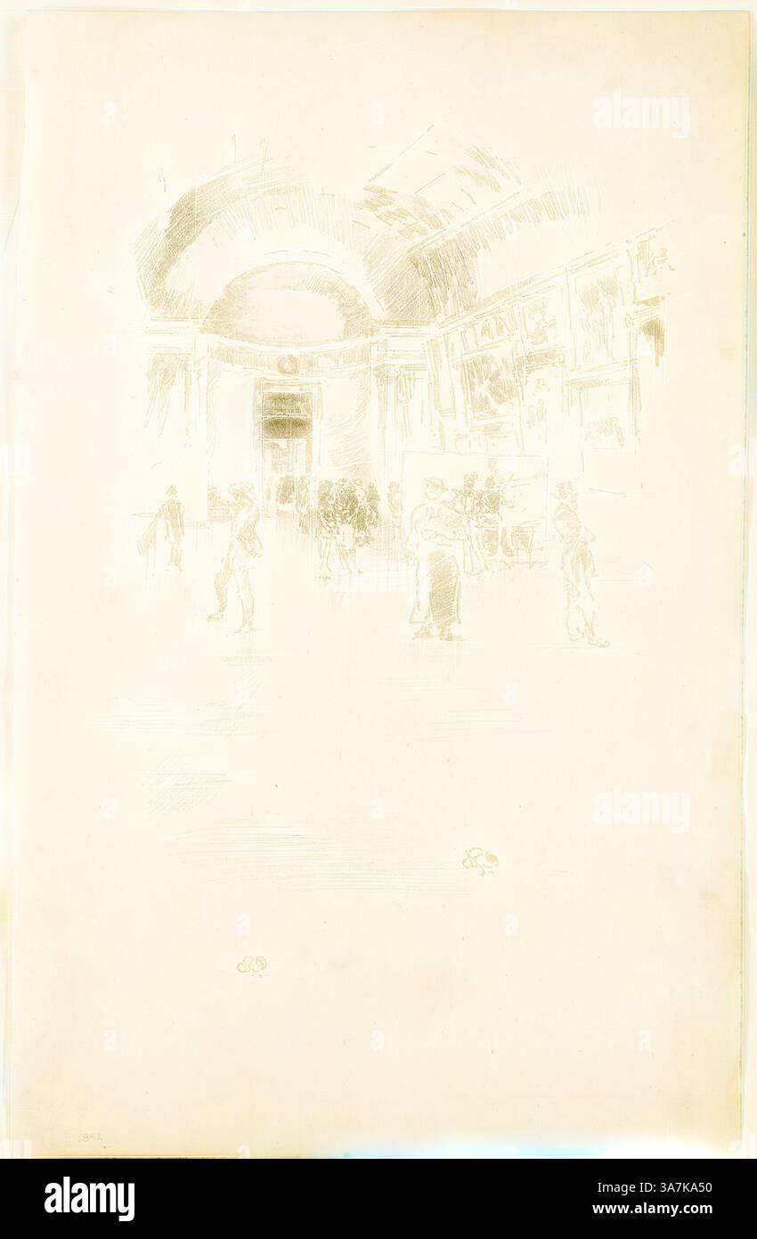 Una galleria spaziosa e ariosa piena di visitatori impegnati nella visione di opere d'arte, caratterizzata da linee morbide e dettagli sottili che evocano un senso di esplorazione e apprezzamento dell'arte., arte classica con un tocco moderno reinventata da Artotop, The Long Gallery, Louvre, 1894, James McNeill Whistler, americano, 1834-1903, Stati Uniti, trasferimento litografia in nero, con intaglio, su carta panna Foto Stock
