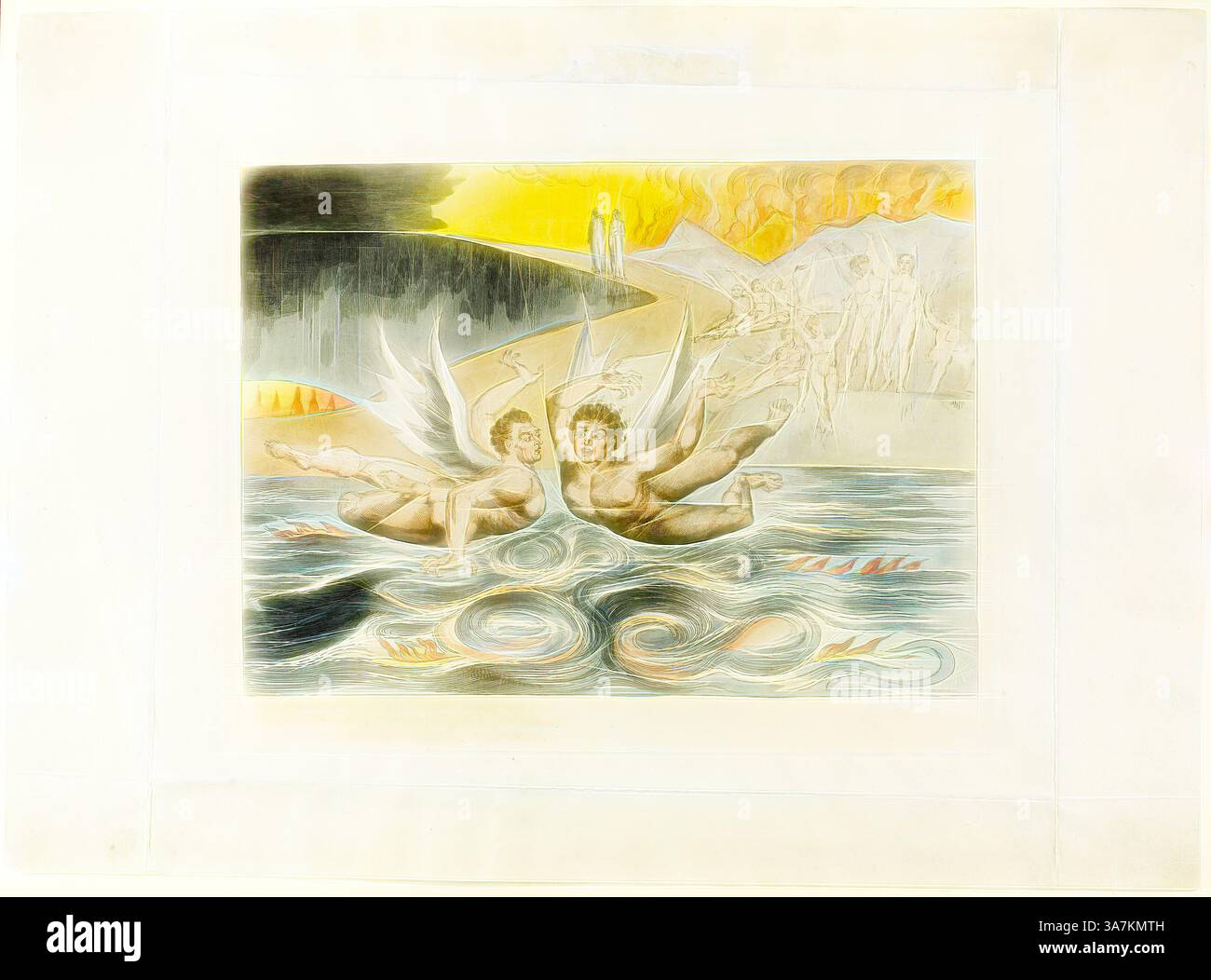 Due personaggi alati scivolano giocherellmente sulle acque vorticose e le loro pose trasudano gioia e libertà. Sullo sfondo, le figure eteree sono sagomate su un paesaggio drammatico, impreziosite da colori vivaci che trasmettono un senso di movimento ed emozione. La scena evoca temi di trascendenza e connessione tra diversi regni., arte classica con un tocco moderno reinventata da Artotop, il cerchio dei funzionari corrotti, i Diavoli che si strangolano a vicenda. Inferno, canto XXII., 1827, stampato c. 1892, William Blake, inglese, 1757-1827, Inghilterra, incisione colorata a mano su carta India, posata su tessera p Foto Stock
