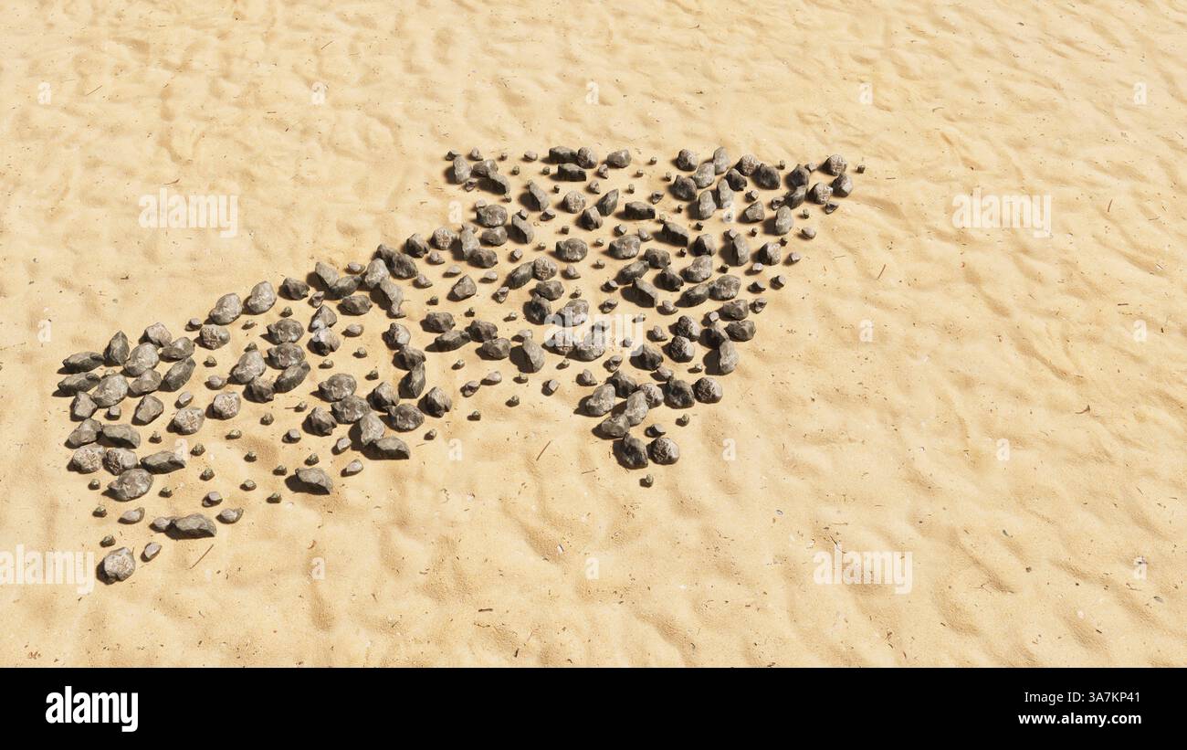 Concept pietre concettuali sulla spiaggia sabbia simbolo forma fatta a mano, sfondo di sabbia dorata, segnaletica stradale. 3d metafora di illustrazione per la navigazione, strategia Foto Stock