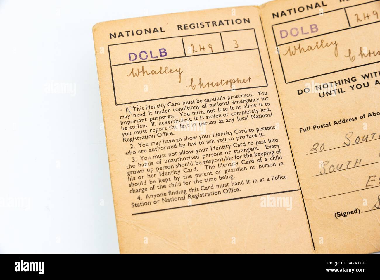 Carta d'identità di registrazione nazionale rilasciata poco dopo la seconda guerra mondiale nel Regno Unito. Per l'uso in caso di emergenza nazionale Foto Stock