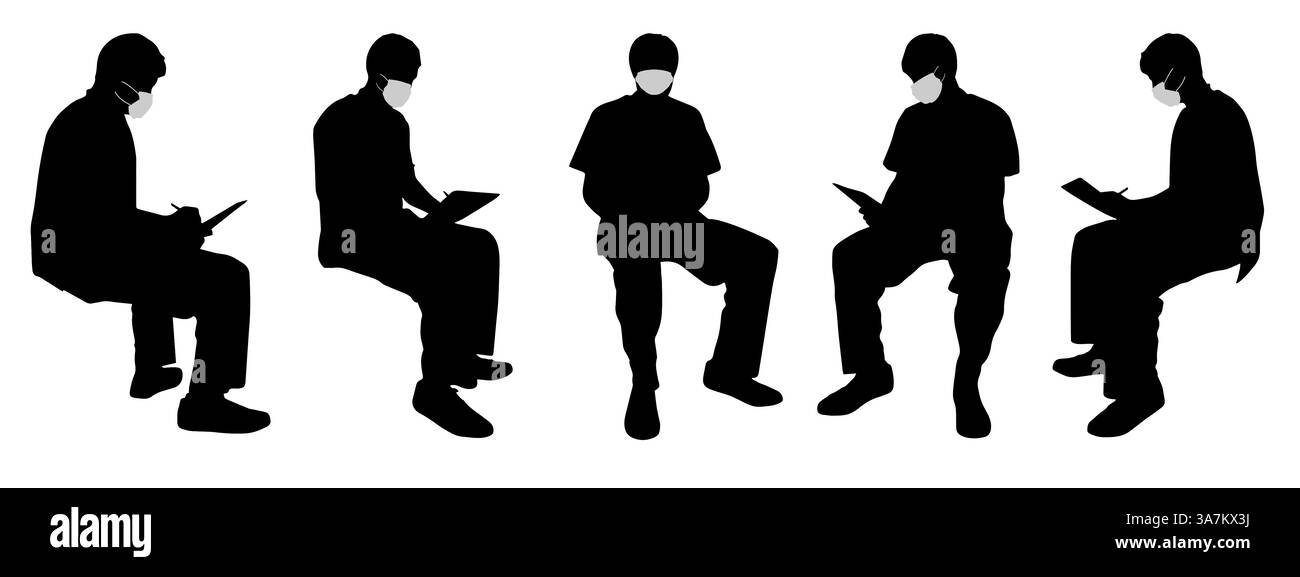 Concetto di vettore sagoma concettuale uomini che lavorano nel distanziamento sociale come mezzo di prevenzione e protezione contro la contaminazione da coronavirus. Am Illustrazione Vettoriale