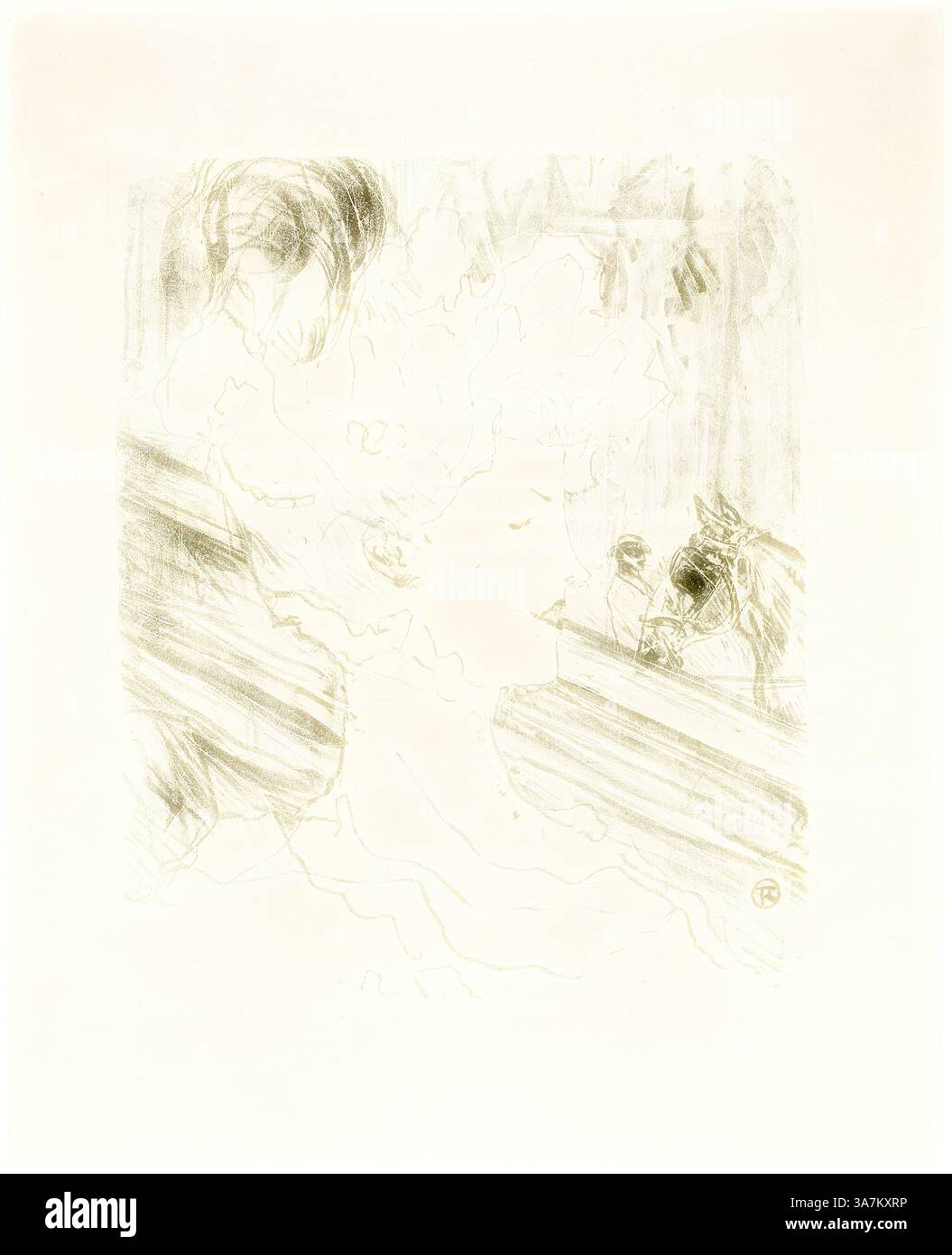 Una scena onirica con una composizione astratta del profilo di una donna, intrecciata con linee fluide, accanto a un cavallo e un accenno di paesaggio, che evoca un senso di movimento e di connessione tra le figure., arte classica con un tocco moderno reinventata da Artotop, Emilienne d'Alenco, da Treize Lithographies, 1898, pubblicata prima del 1906, Henri de Toulouse-Lautrec, francese, 1864-1901, Francia, litografia su carta posata d'avorio Foto Stock