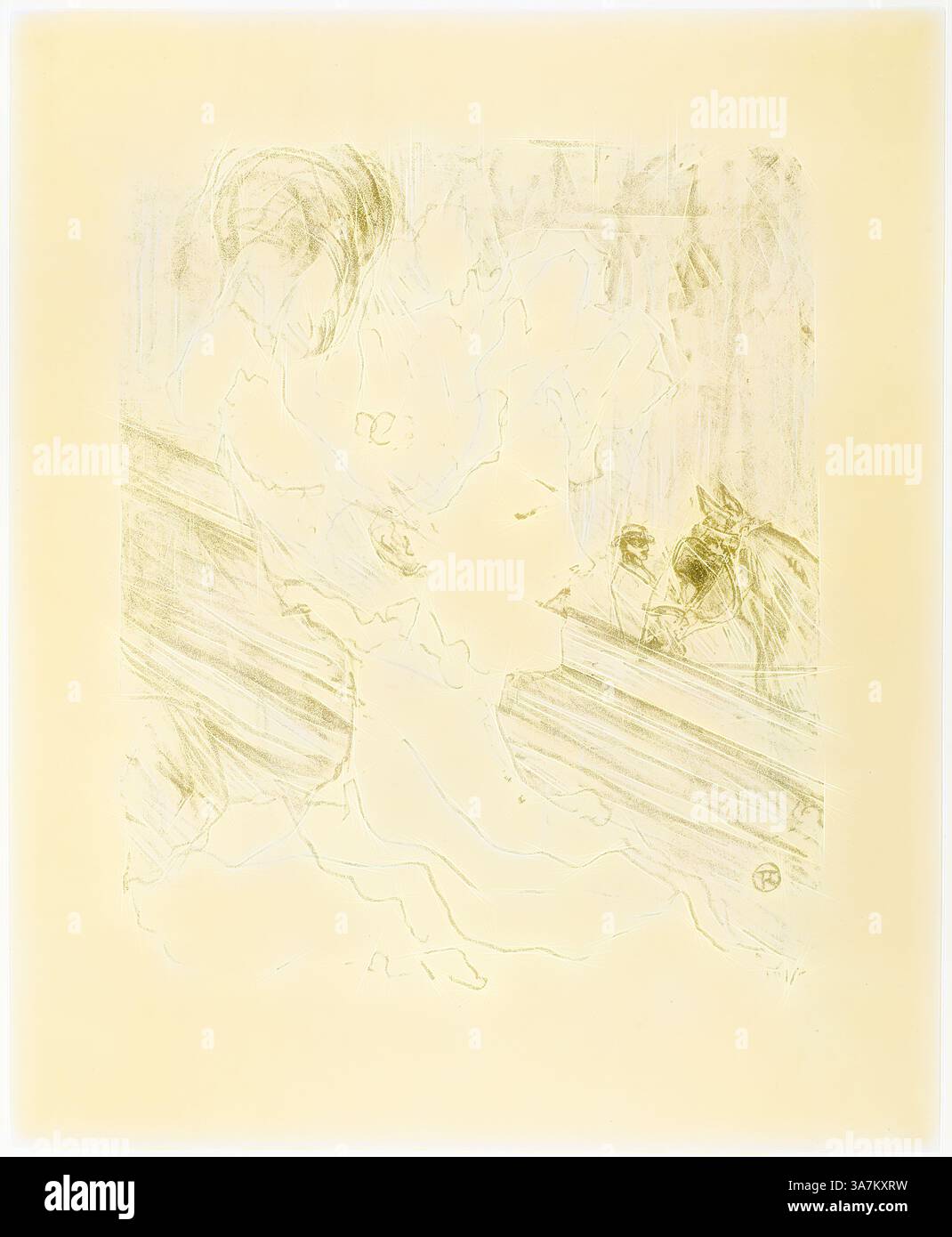 Un grazioso profilo di una donna è delicatamente delineato, le sue caratteristiche si fondono delicatamente in linee vorticose. Sullo sfondo, una sottile rappresentazione di un cavallo e di un cavaliere suggerisce il movimento, aggiungendo un elemento dinamico alla scena serena. L'atmosfera generale evoca un senso di eleganza e tranquillità. Arte classica con un tocco moderno reinventata da Artotop, Emilienne d'Alenco, da Treize Lithographies, 1898, pubblicata prima del 1906, Henri de Toulouse-Lautrec, francese, 1864-1901, Francia, litografia su carta tessuta crema Foto Stock