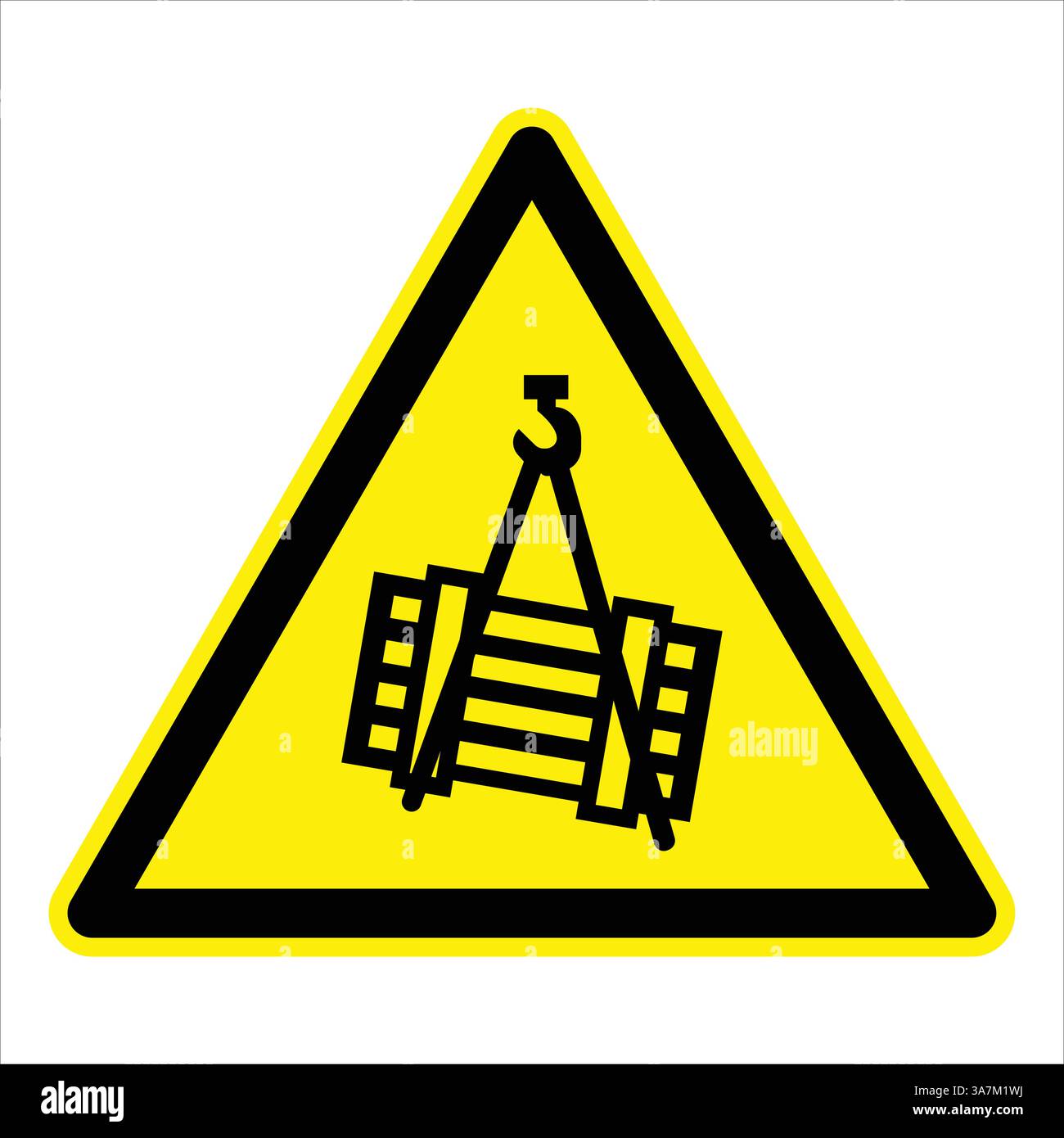 Segnale di avvertimento triangolare giallo che indica un carico sospeso per il carroponte, promuovendo la sicurezza sul luogo di lavoro Illustrazione Vettoriale