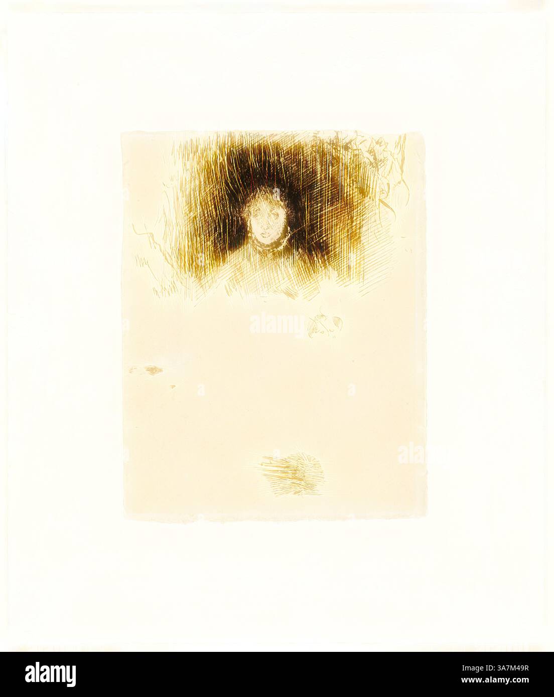 Una figura spettrale emerge da uno sfondo scuro e strutturato, circondato da linee sottili che creano un'atmosfera eterea. La composizione generale evoca un senso di mistero e introspezione., arte classica con un tocco moderno reinventata da Artotop, Head of a Girl, c. 1882, James McNeill Whistler, americano, 1834-1903, Stati Uniti, penna e inchiostro marrone con raschiatura su carta panna posata su bordo d'avorio Foto Stock