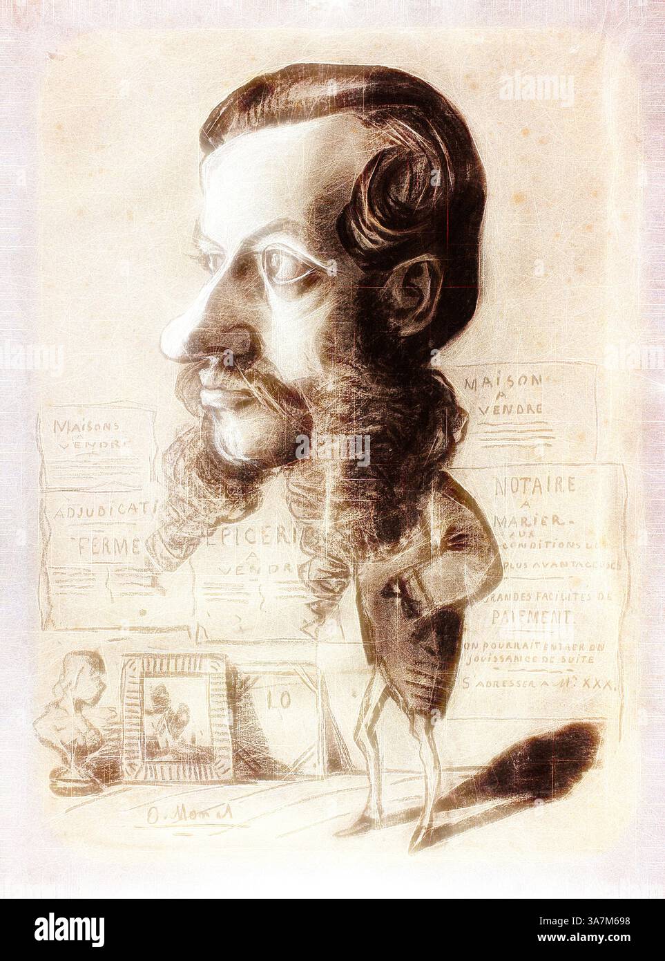Una caricatura stravagante di un uomo con un profilo esagerato e una barba prominente, in piedi con fiducia. Lo sfondo presenta vari testi e immagini che aggiungono un senso di profondità e di contesto alla scena., arte classica con un tocco moderno reinventata da Artotop, caricatura di Léon Manchon, c. 1858, Claude Monet, francese, 1840-1926, Francia, carbone di legna, con intaglio e accentuato con gesso bianco, su carta posata blu (parzialmente scolorita in grigio giallastro) Foto Stock