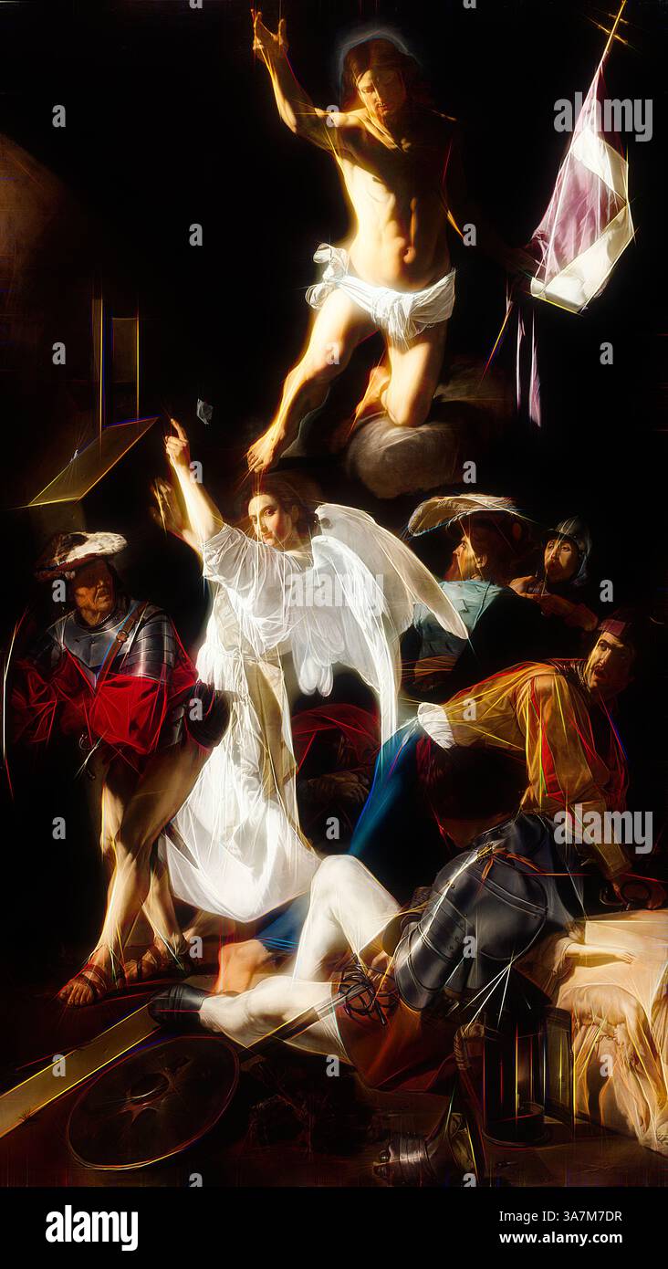 Una scena drammatica con una figura radiosa in bianco, che simboleggia la resurrezione, circondata da figure in varie pose di soggezione e disperazione, ambientate su uno sfondo scuro. L'atmosfera trasmette un senso di conflitto e di intervento divino, con elementi di luce e ombra che esaltano l'impatto emotivo., arte classica con un tocco moderno reinventata da Artotop, la Resurrezione, 1619/20, Francesco Buoneri, chiamato Cecco del Caravaggio, italiano, 1588/90 – dopo il 1620, Italia, olio su tela Foto Stock
