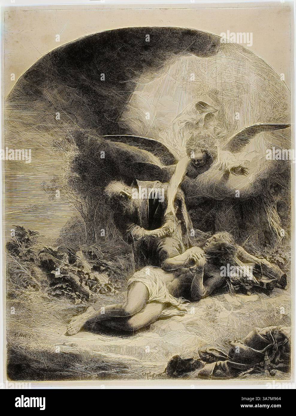 Una scena eterea raffigura una figura angelica che conforta un uomo ferito, mentre un'altra figura guarda con preoccupazione. L'atmosfera trasmette un senso di compassione e speranza in mezzo alla lotta, circondato da un paesaggio di forme morbide e fluenti., arte classica con un tocco moderno reinventata da Artotop, il sacrificio di Abramo, 1642/51, Ferdinand Bol, olandese, 1616-1680, Olanda, incisione su carta Foto Stock