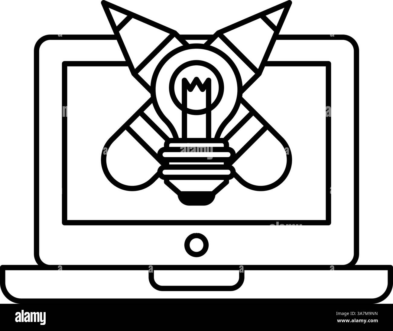 Un disegno in bianco e nero di una lampadina con una matita sopra di essa. Concetto di creatività e innovazione Illustrazione Vettoriale