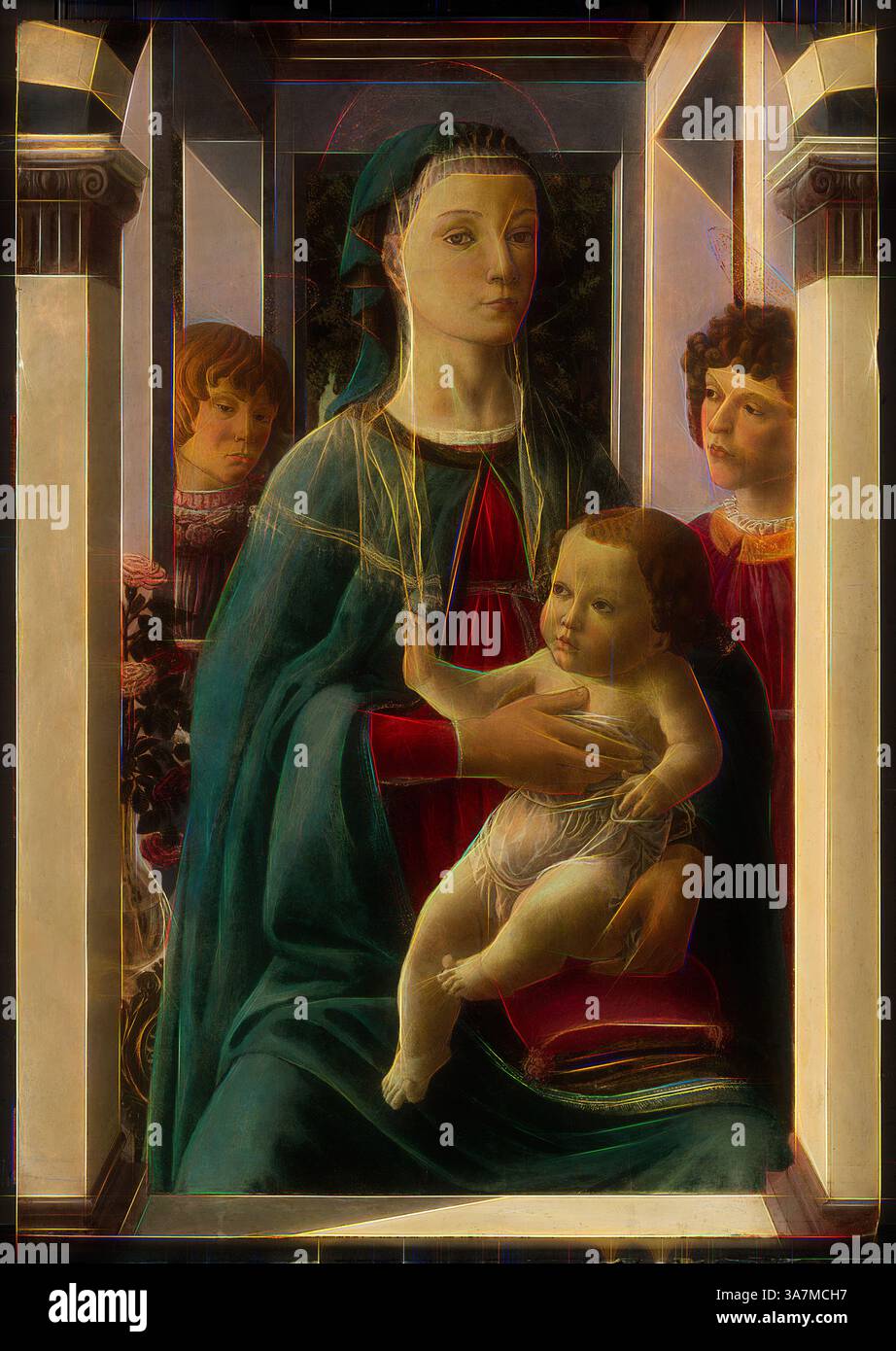 Una rappresentazione serena della Madonna che regge Gesù bambino, circondata da due figure giovanili. La composizione trasmette un senso di tenerezza e grazia, con dettagli intricati nell'abbigliamento e nelle espressioni. Arte classica con un tocco moderno reinventata da Artotop, Vergine e bambino con due angeli, 1465/75, attribuita a Francesco Botticini, italiano, attivo dal 1459-1497, Italia, Tempera su tavola Foto Stock