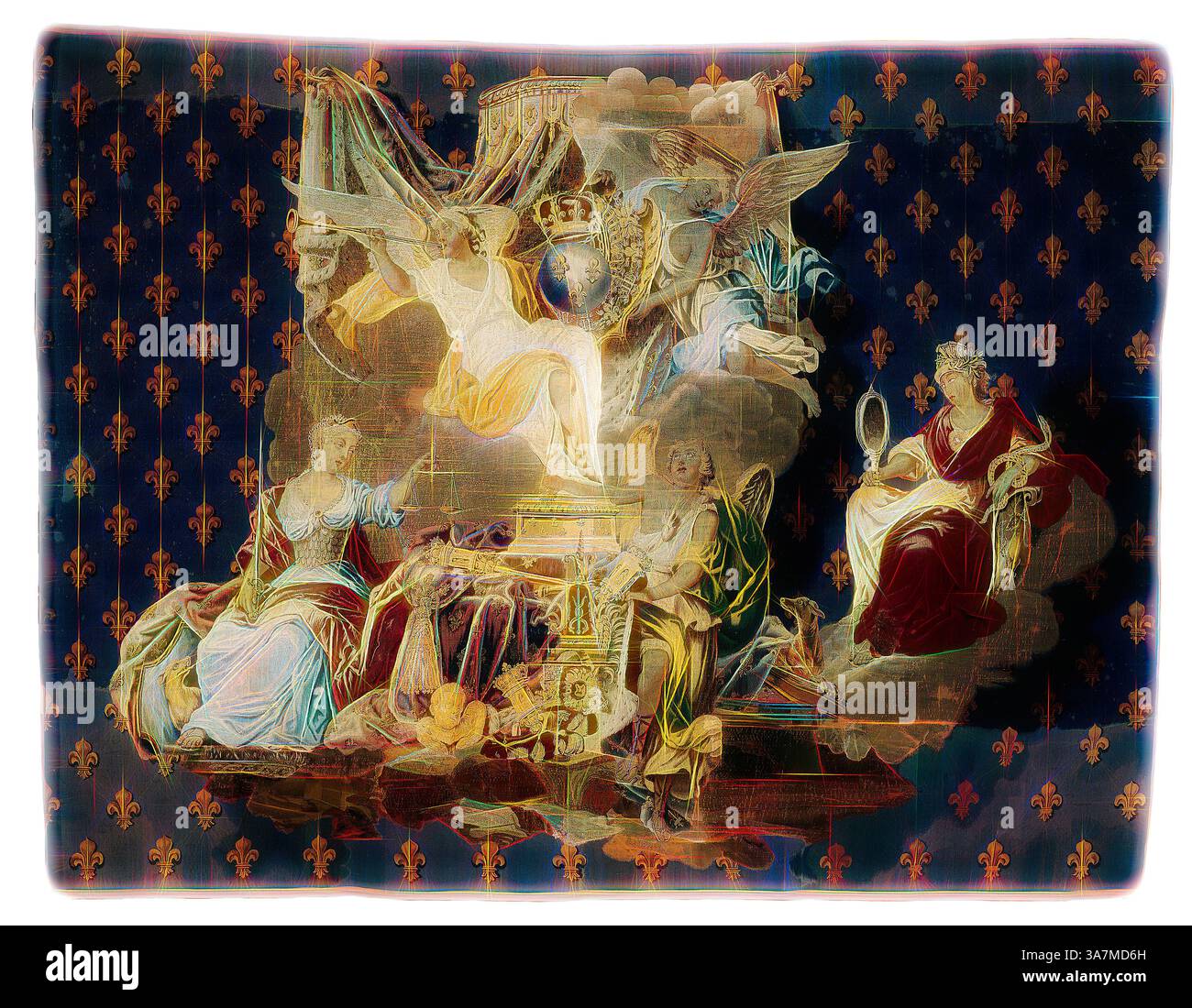 Una scena drammatica con figure eteree drappeggiate in abiti scorrevoli, impegnate in un'assemblea celeste. La composizione fonde decorazioni ornamentali con elementi simbolici, mostrando un senso di grandezza e temi mitologici. Lo sfondo è riccamente modellato, esaltando l'ambiente etereo. Arte classica con un tocco moderno reinventata da Artotop, Cancelleria, 1718/20, presumibilmente dopo un cartone animato di Jacques Vigoureux Duplessis (francese, 1670/75-1732), presumibilmente tessuta presso la Manufacture Royale de Beauvais sotto la direzione di Pierre e Etienne Filleul (francese, co-direttori 1711-22), Francia, Foto Stock